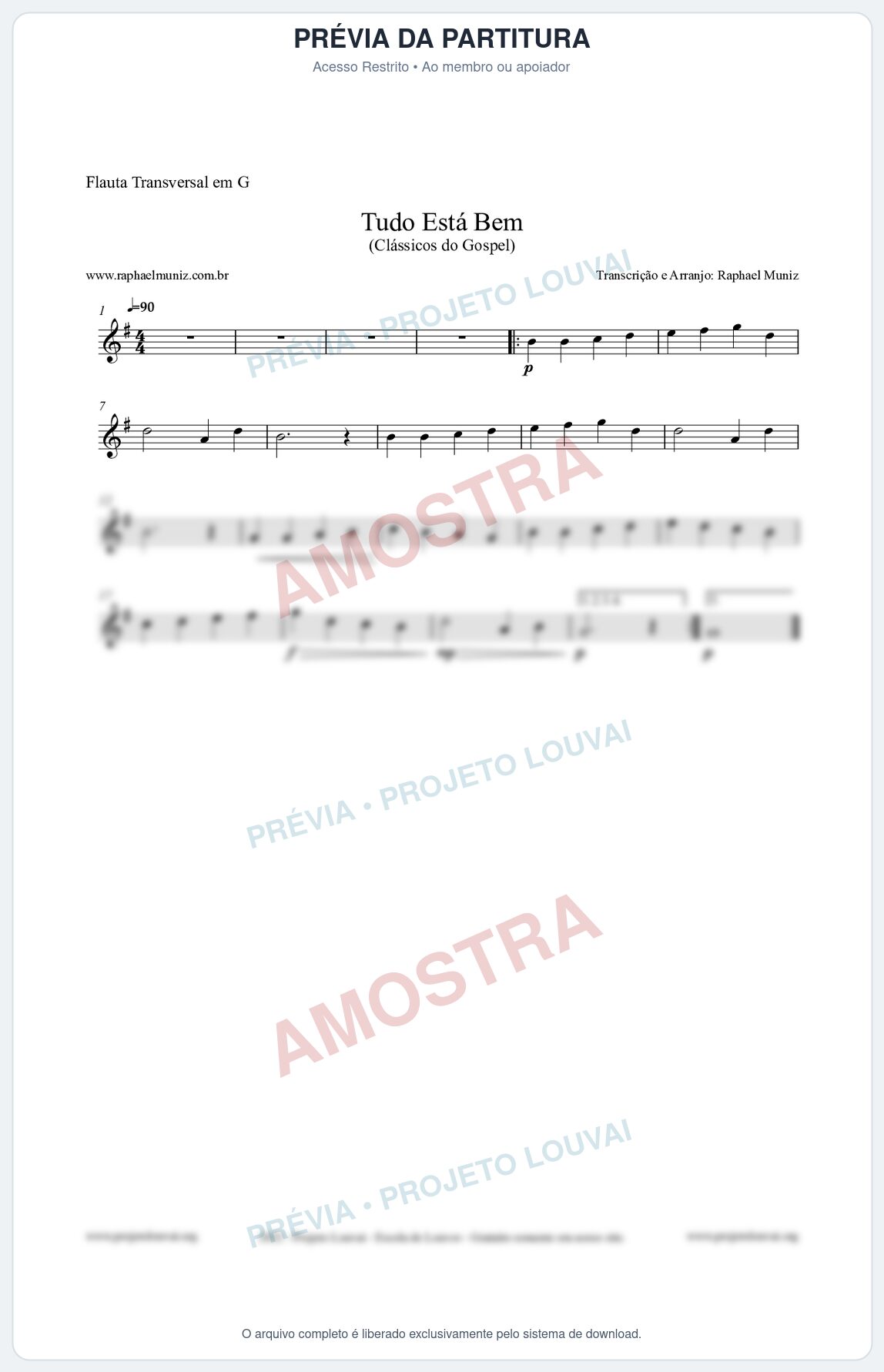 Prévia protegida da primeira página da partitura Partitura para Flauta Transversal em G - Tudo Está Bem - Harpa Cristã nº52 - Clássicos do Gospel