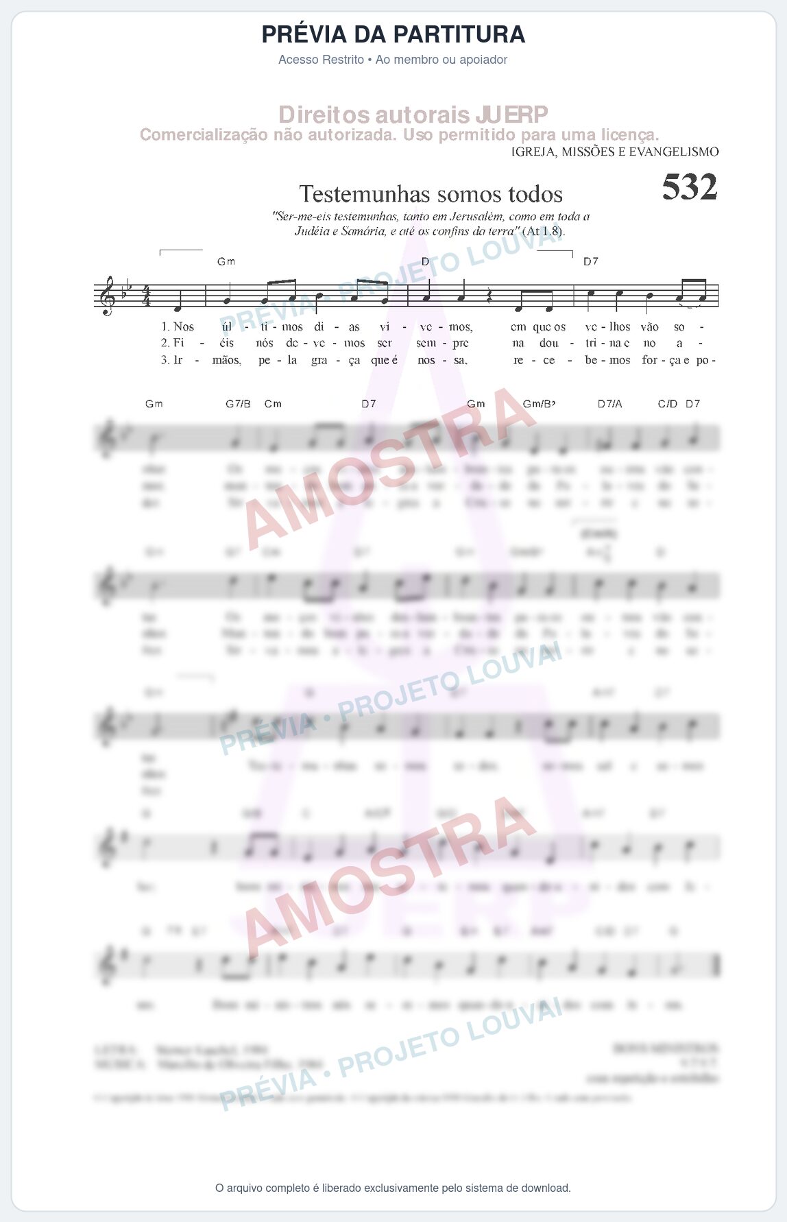 Prévia protegida da primeira página da partitura Partitura da música Testemunhas somos todos (HCC 532) - Hinário para o Culto Cristão - Tom Gm