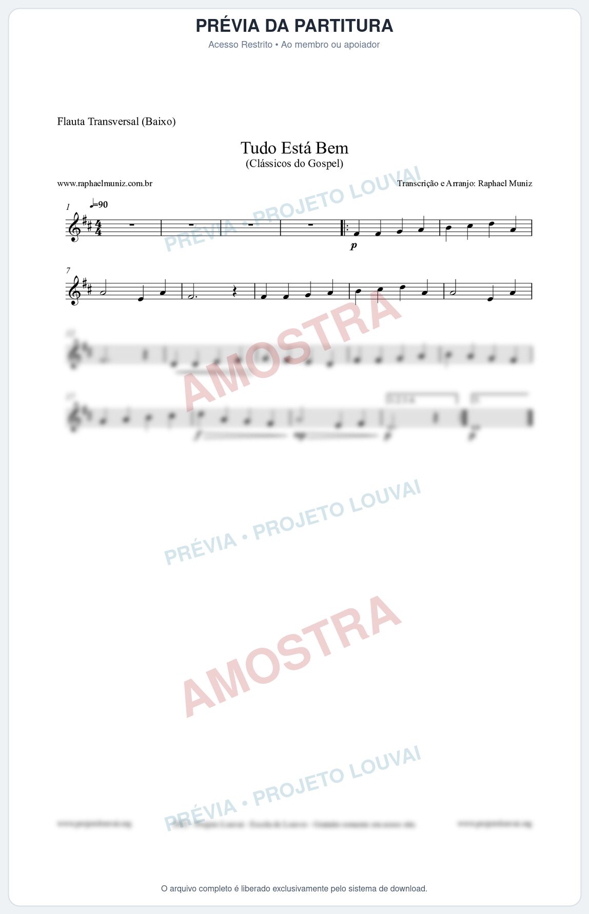 Prévia protegida da primeira página da partitura Partitura para Flauta Transversal (Baixo) - Tudo Está Bem - Harpa Cristã nº52 - Clássicos do Gospel