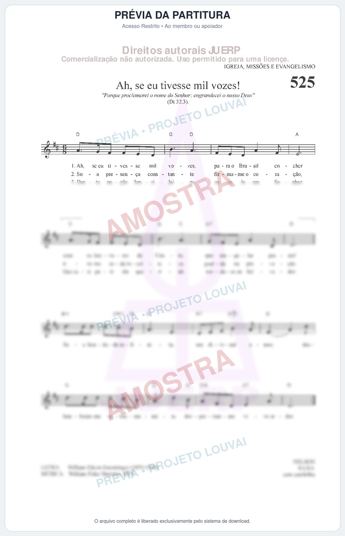 Prévia protegida da primeira página da partitura Partitura da música Ah, se eu tivesse mil vozes! (HCC 525) - Hinário para o Culto Cristão - Tom D