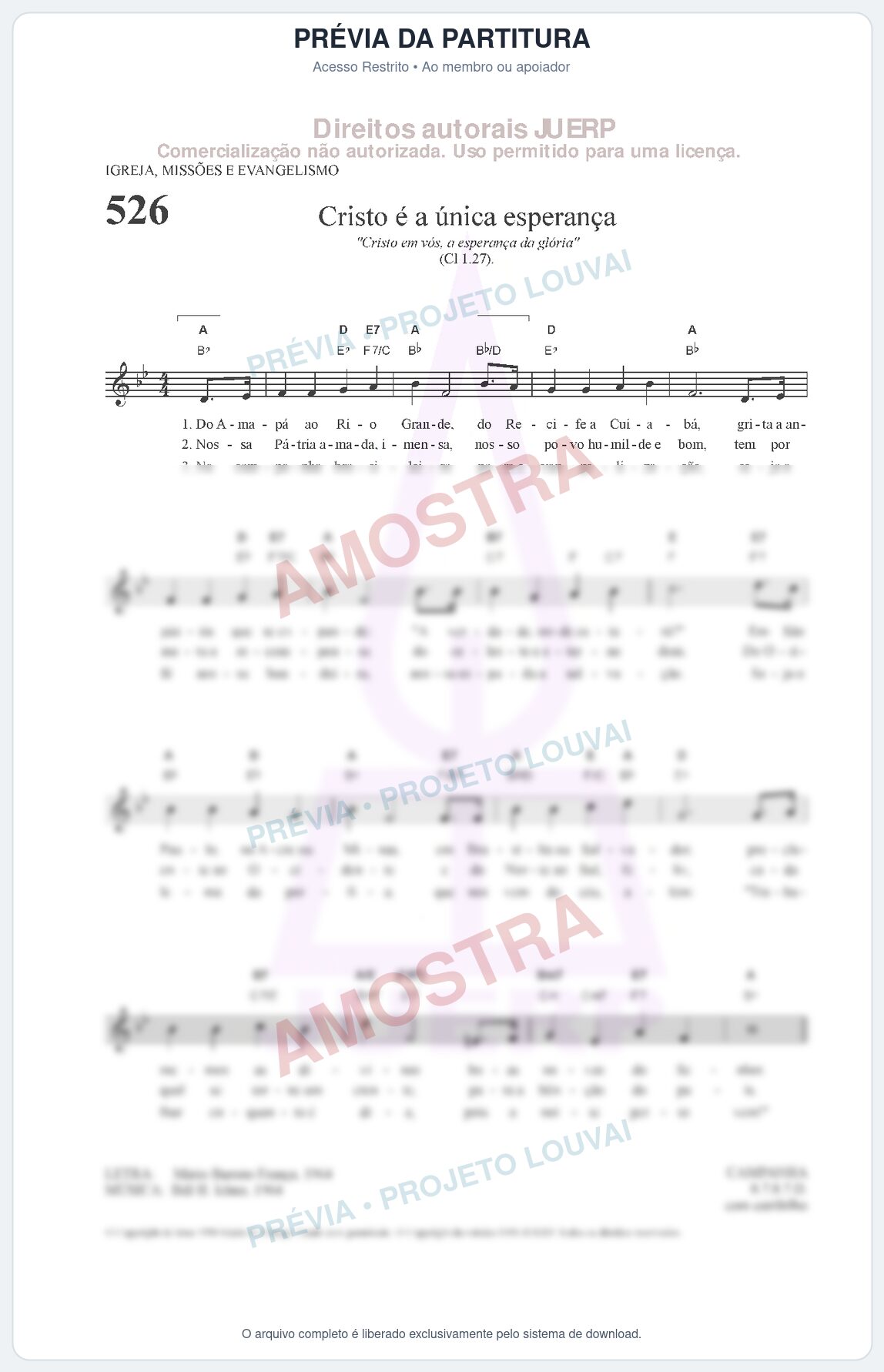 Prévia protegida da primeira página da partitura Partitura da música Cristo é a única esperança (HCC 526) - Hinário para o Culto Cristão - Tom Bb