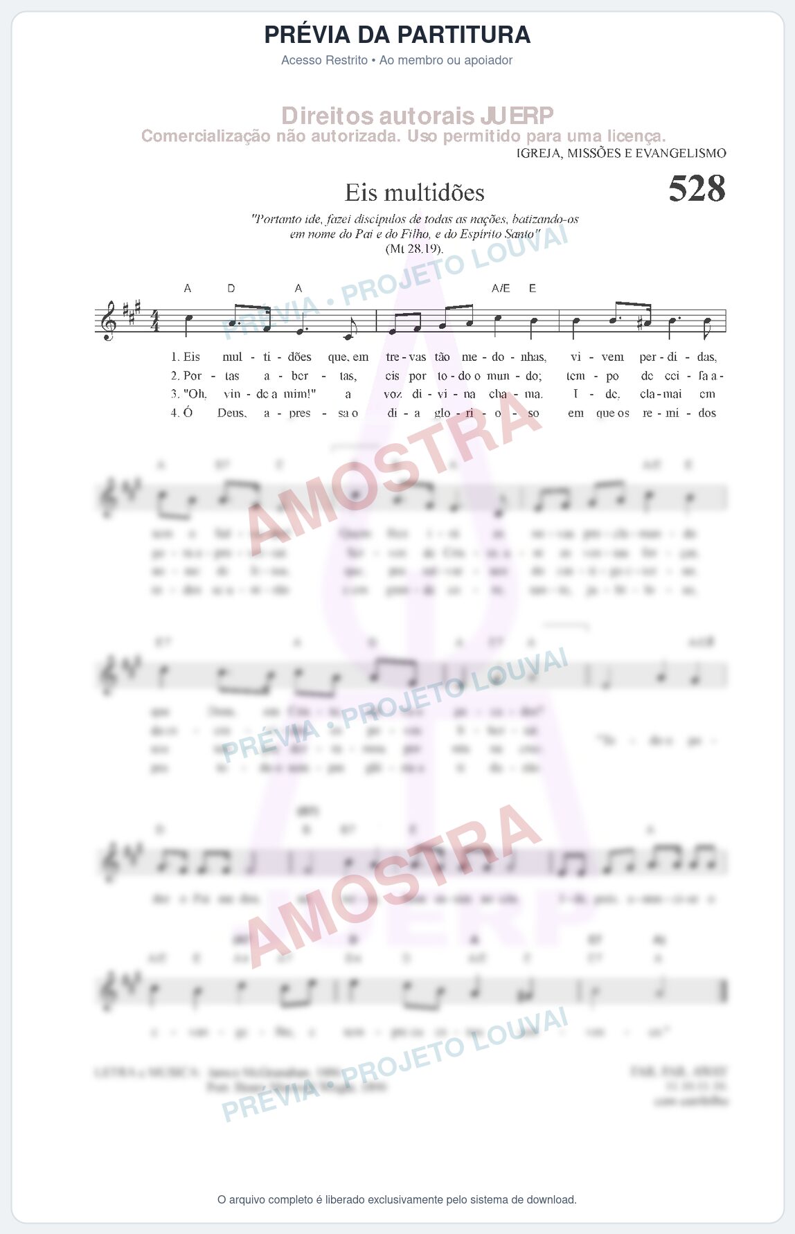 Prévia protegida da primeira página da partitura Partitura da música Eis multidões (HCC 528) - Hinário para o Culto Cristão - Tom A