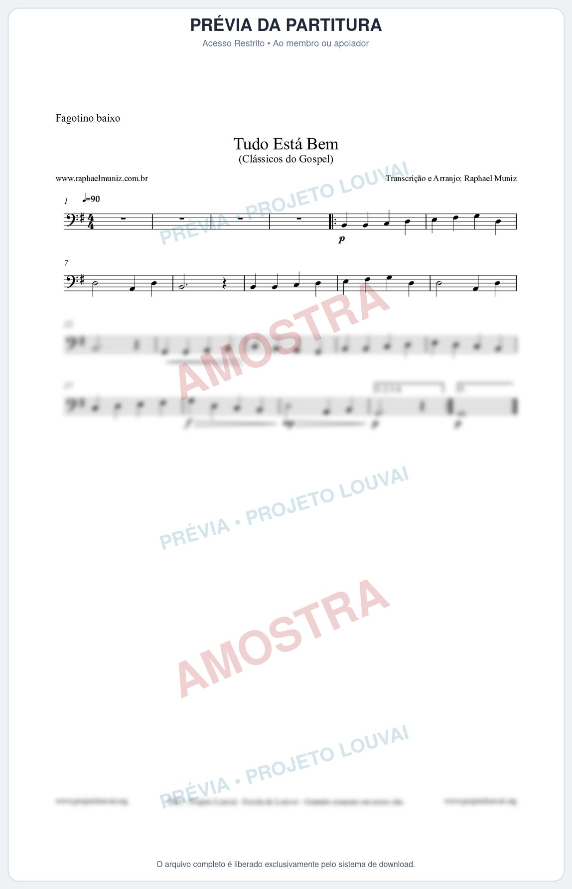 Prévia protegida da primeira página da partitura Partitura para Fagotino baixo - Tudo Está Bem - Harpa Cristã nº52 - Clássicos do Gospel