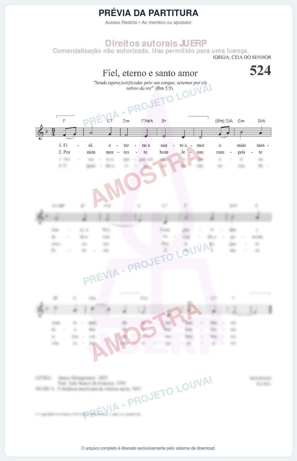 Prévia protegida da primeira página da partitura Partitura da música Fiel, eterno e santo amor (HCC 524) - Hinário para o Culto Cristão - Tom F