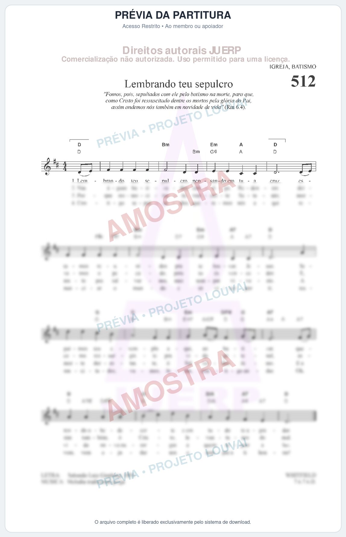 Prévia protegida da primeira página da partitura Partitura da música Lembrando teu sepulcro (HCC 512) - Hinário para o Culto Cristão - Tom D
