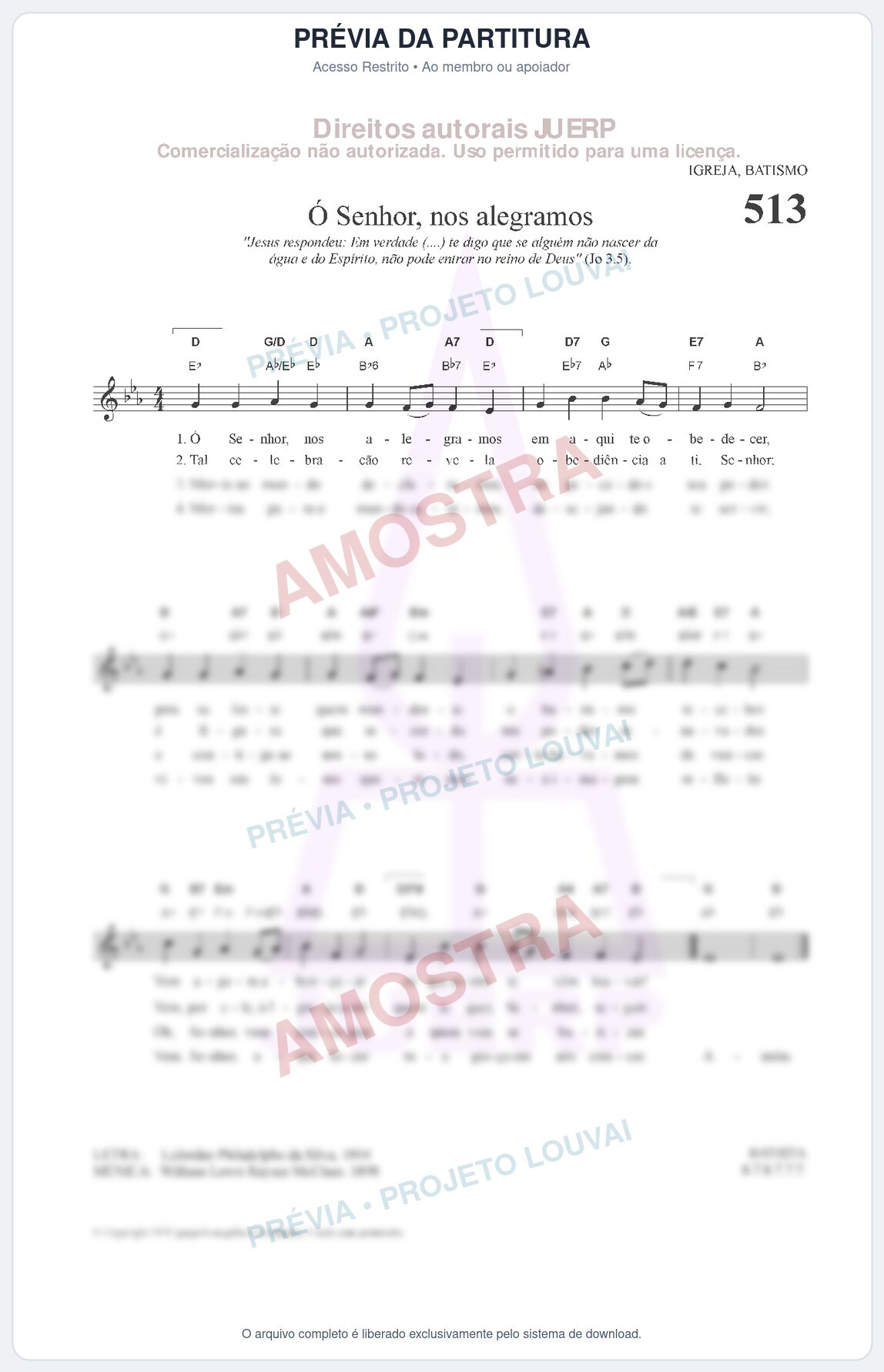 Prévia protegida da primeira página da partitura Partitura da música Senhor, nos alegramos (HCC 513) - Hinário para o Culto Cristão - Tom Eb