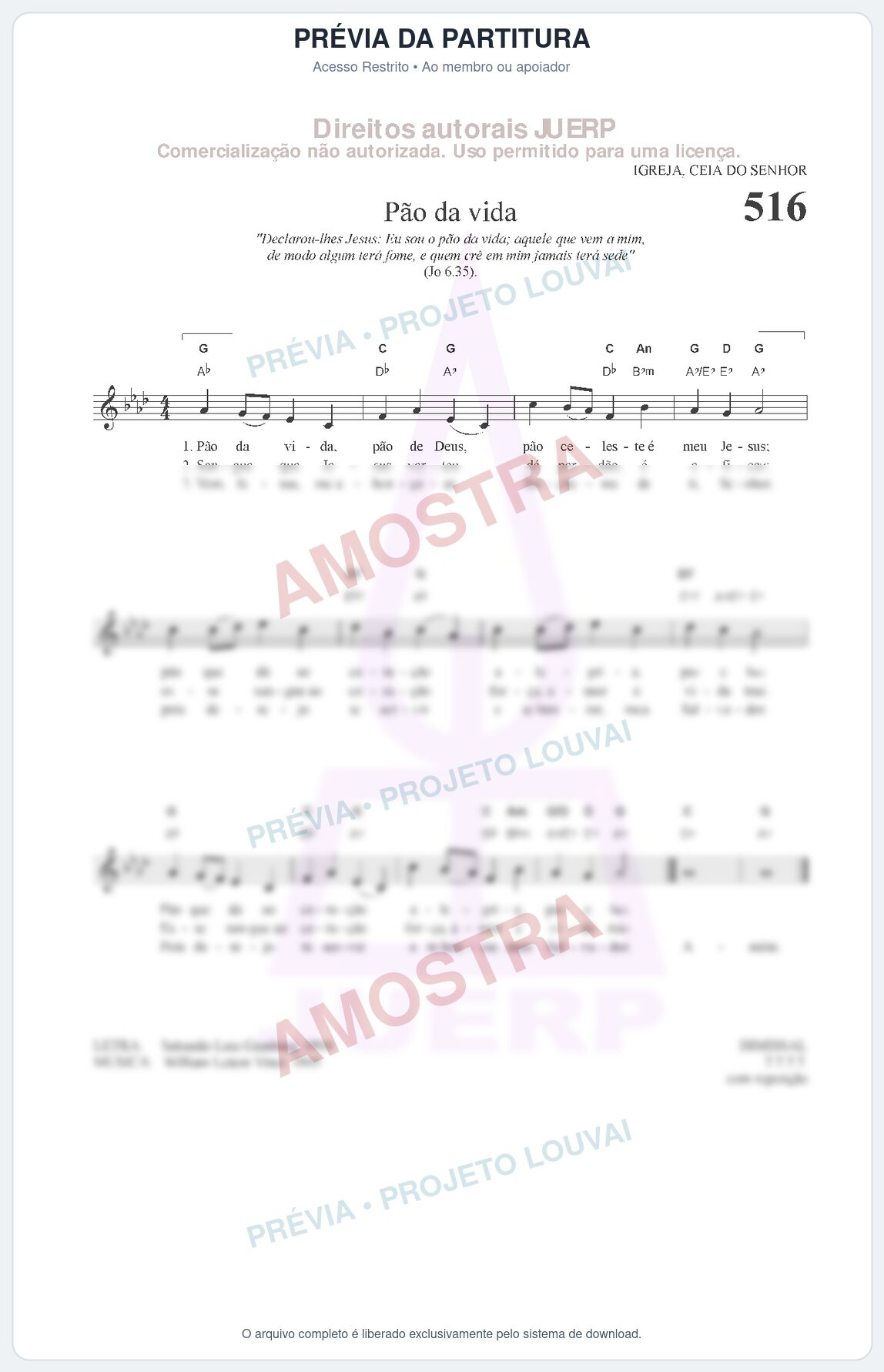 Prévia protegida da primeira página da partitura Partitura da música Pão da vida (HCC 516) - Hinário para o Culto Cristão - Tom Ab