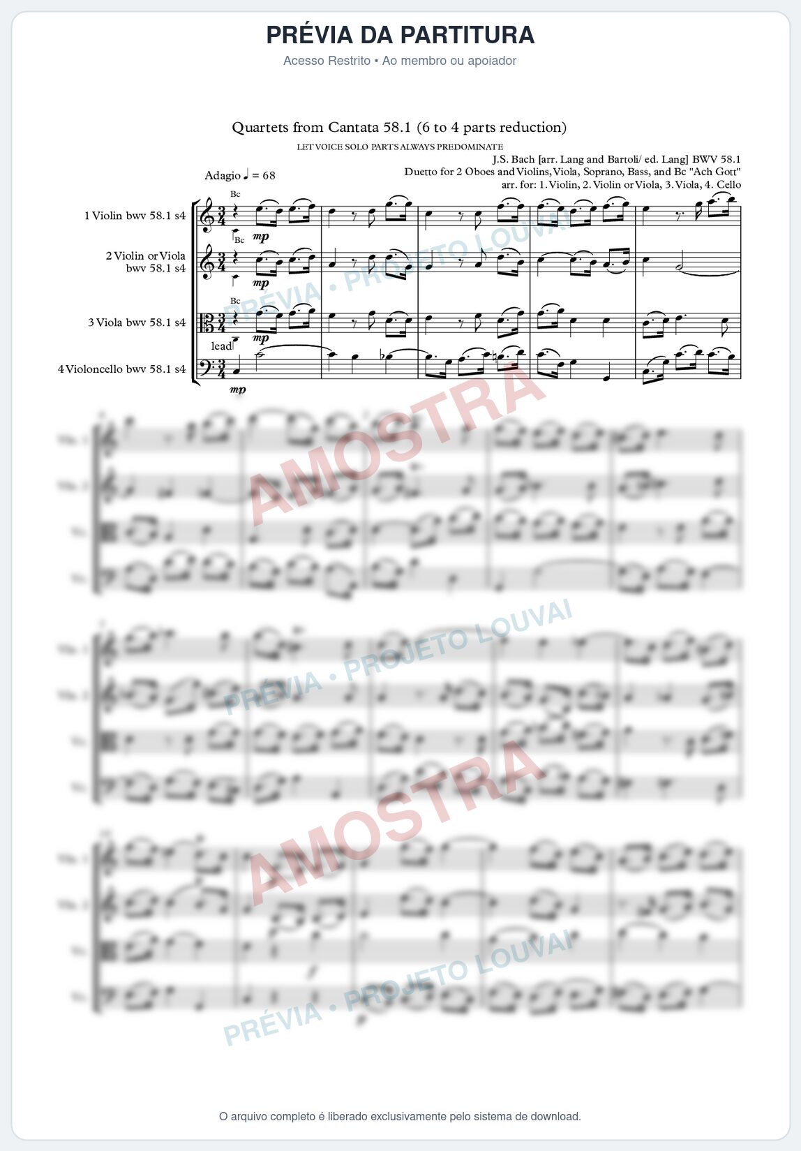 Prévia protegida da primeira página da partitura Partitura para Quarteto de Cordas - Ach Gott, wie manches Herzeleid - Ária e Coral (BWV 58) - Bach - Músicas Eruditas