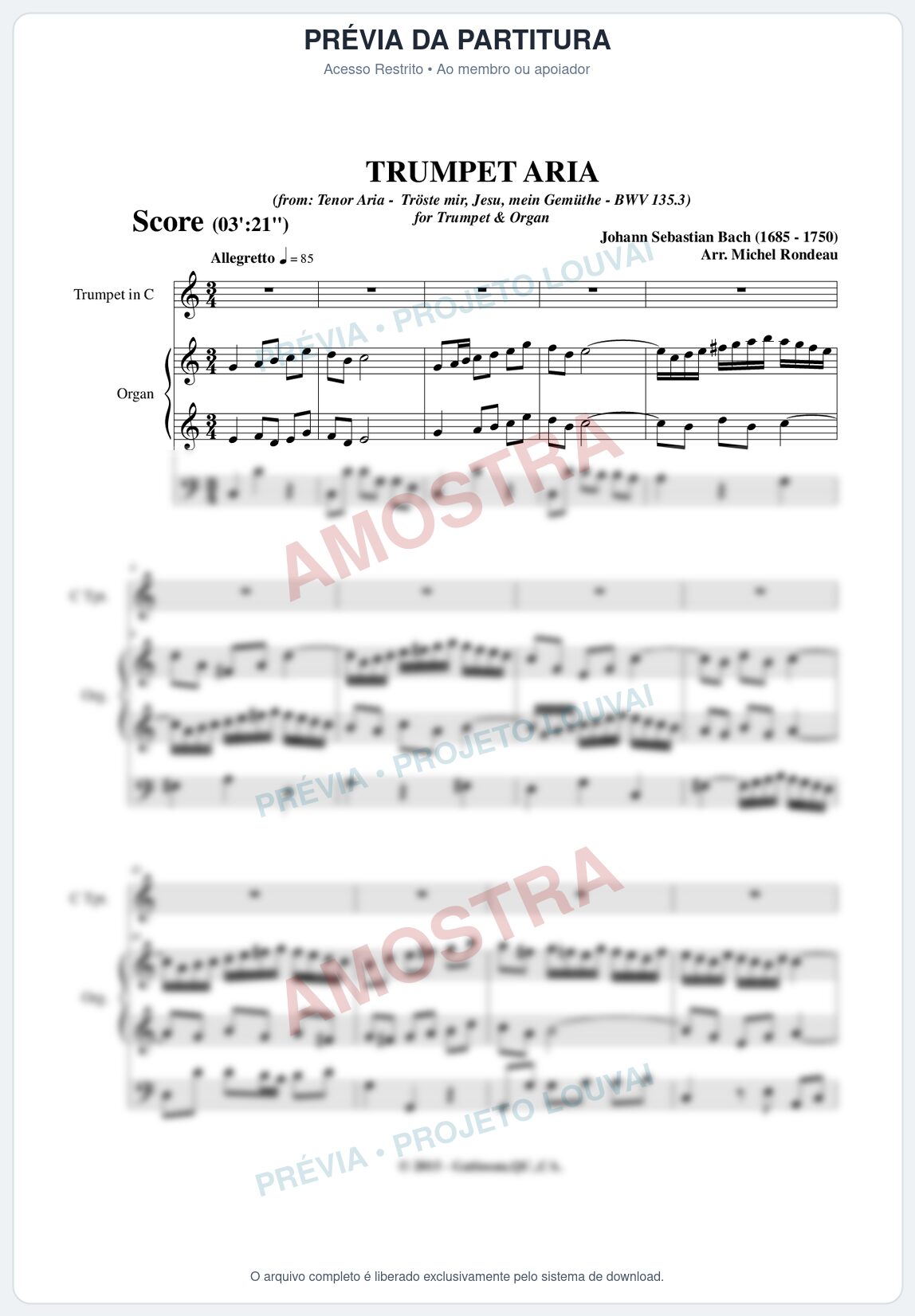 Prévia protegida da primeira página da partitura Partitura para Orgão e Trompete - Ach Herr, mich armen Sunder - Ária nº3 (BWV 135) - Bach - Músicas Eruditas