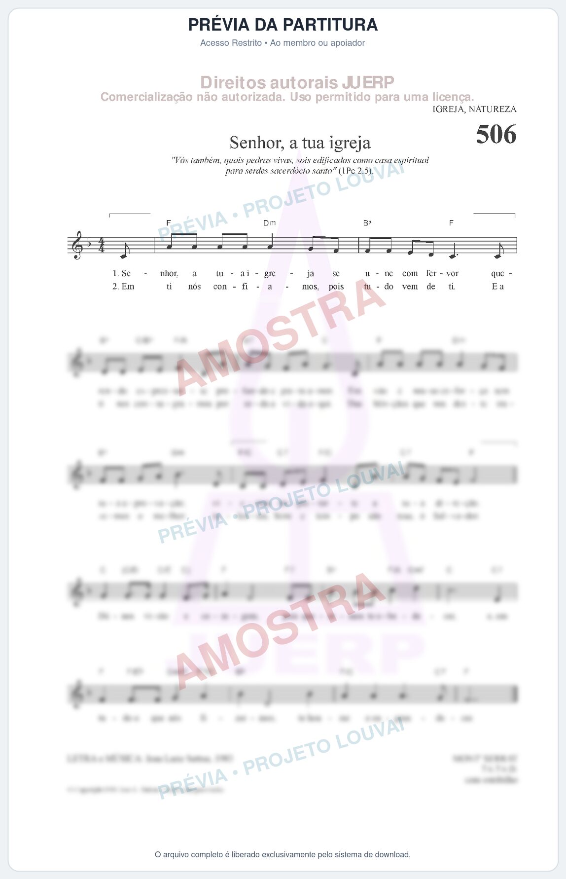 Prévia protegida da primeira página da partitura Partitura da música Senhor, a tua igreja (HCC 506) - Hinário para o Culto Cristão - Tom F