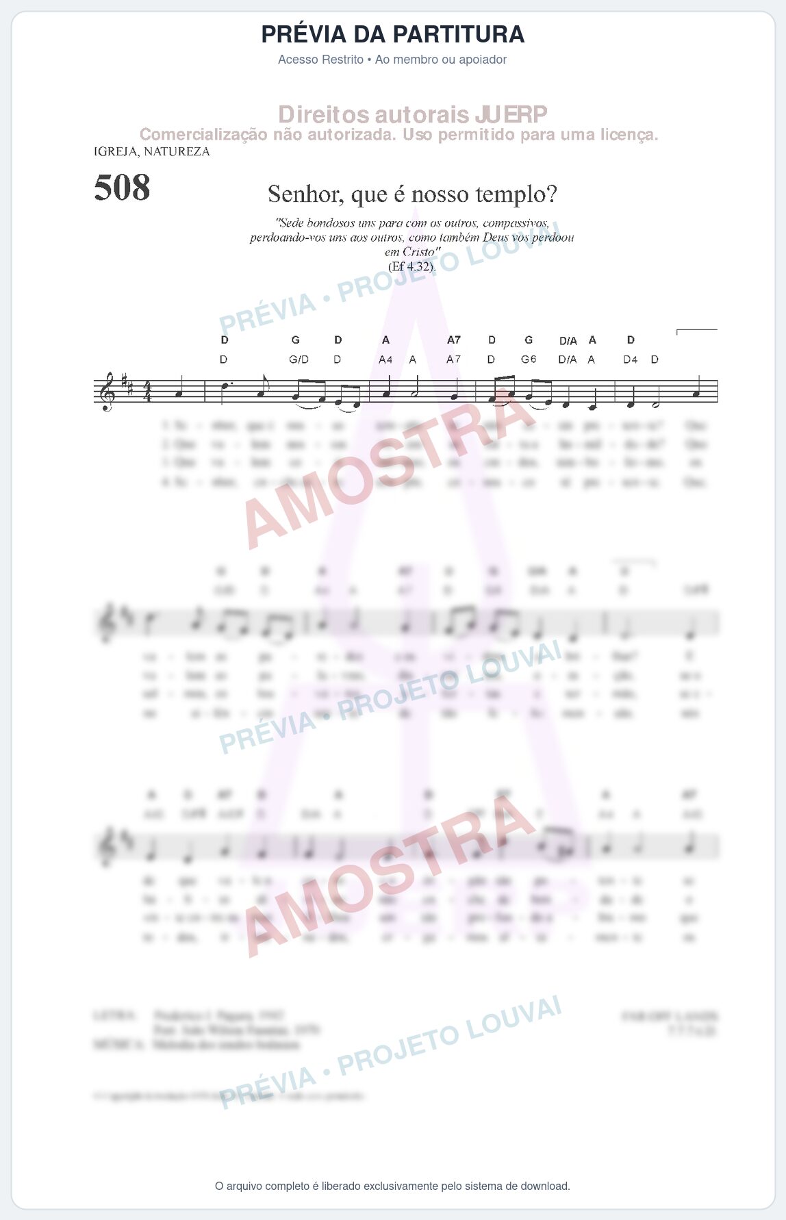 Prévia protegida da primeira página da partitura Partitura da música Senhor, que é nosso templo (HCC 508) - Hinário para o Culto Cristão - Tom D