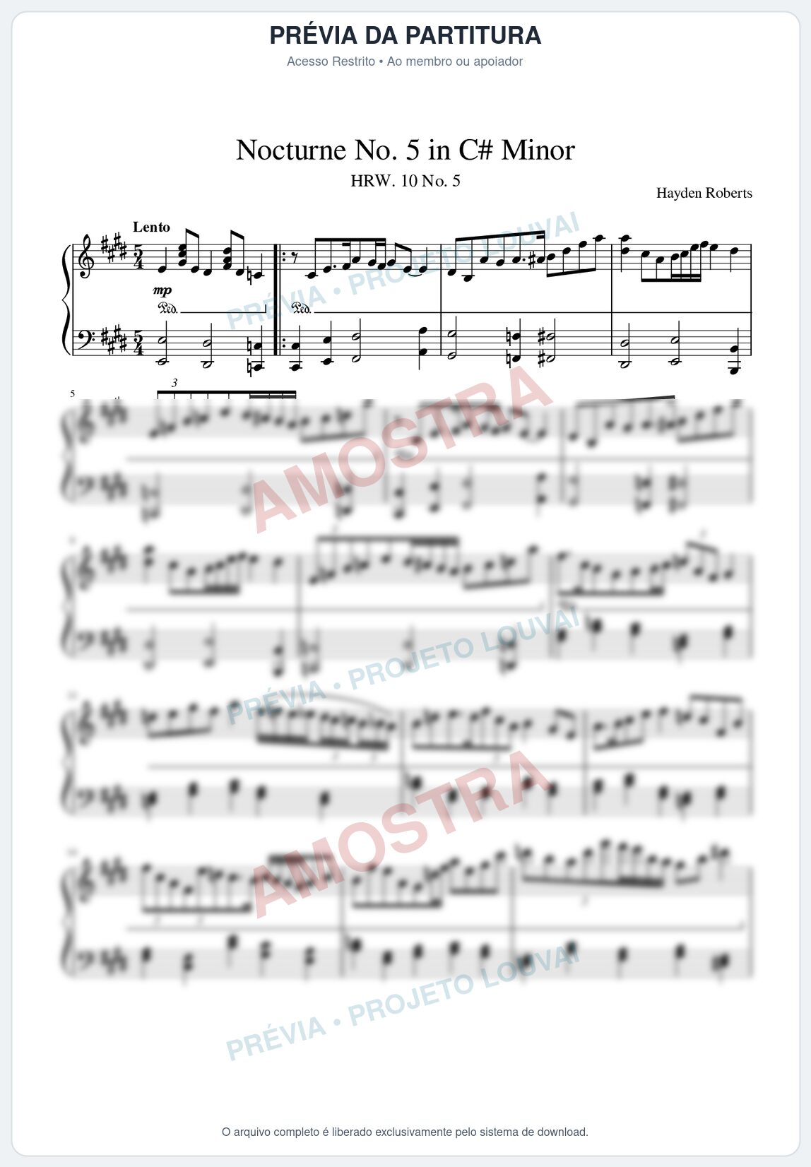 Prévia protegida da primeira página da partitura Partitura para Piano - Nocturne No.5 in C# minor - Hayden Roberts - Músicas Eruditas