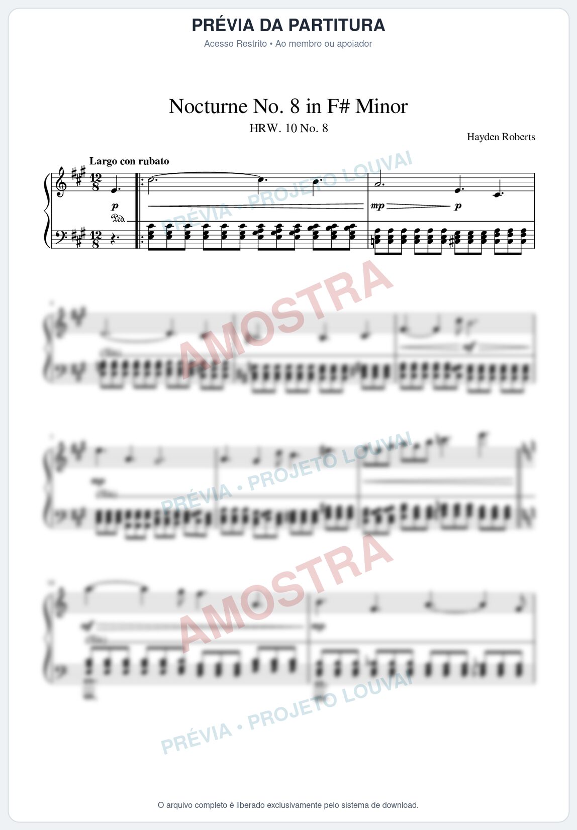 Prévia protegida da primeira página da partitura Partitura para Piano - Nocturne No.8 in F# minor - Hayden Roberts - Músicas Eruditas