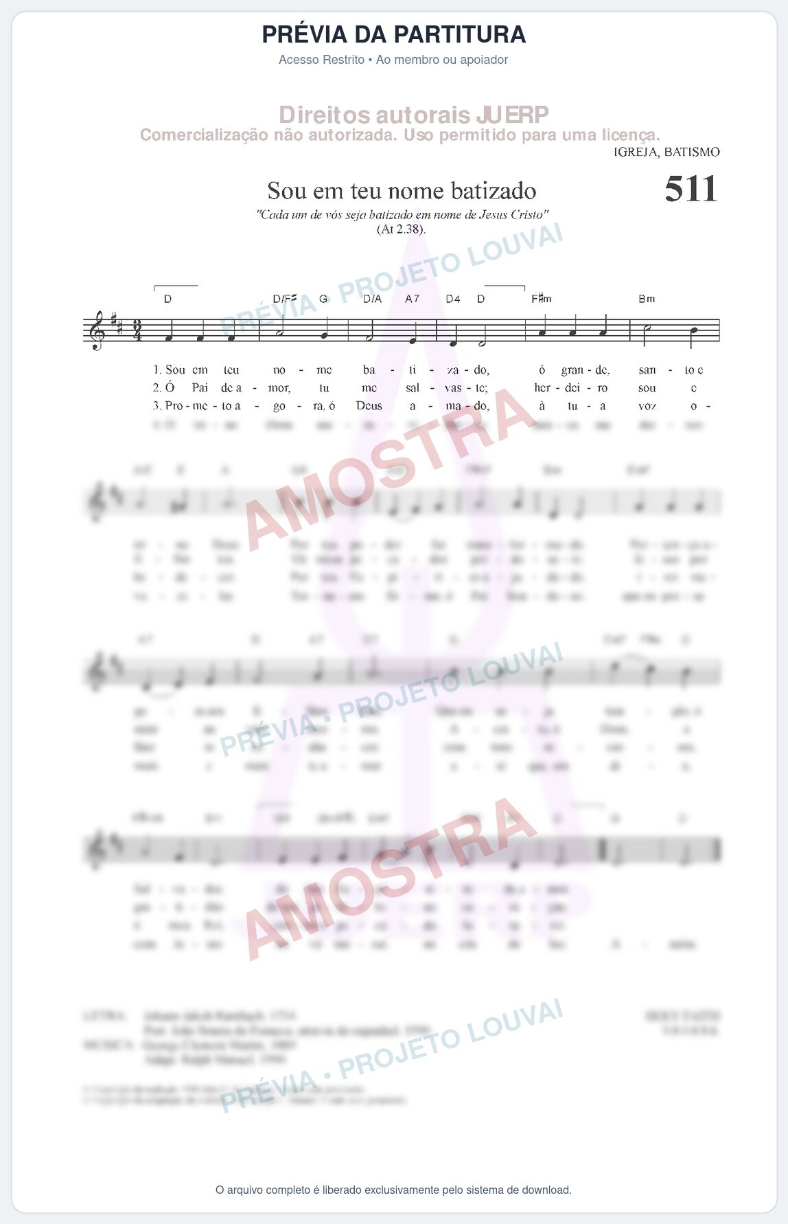 Prévia protegida da primeira página da partitura Partitura da música Sou em teu nome batizado (HCC 511) - Hinário para o Culto Cristão - Tom D