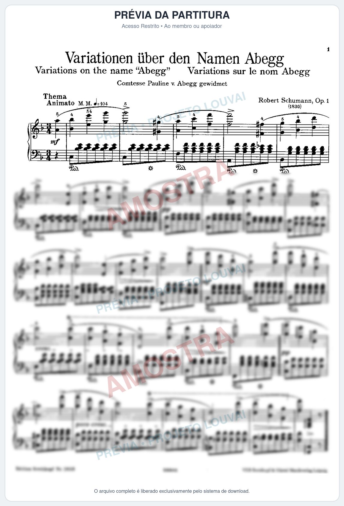 Prévia protegida da primeira página da partitura Partitura para Piano - Abegg Variations, Op.1 - Robert Schumann - Músicas Eruditas