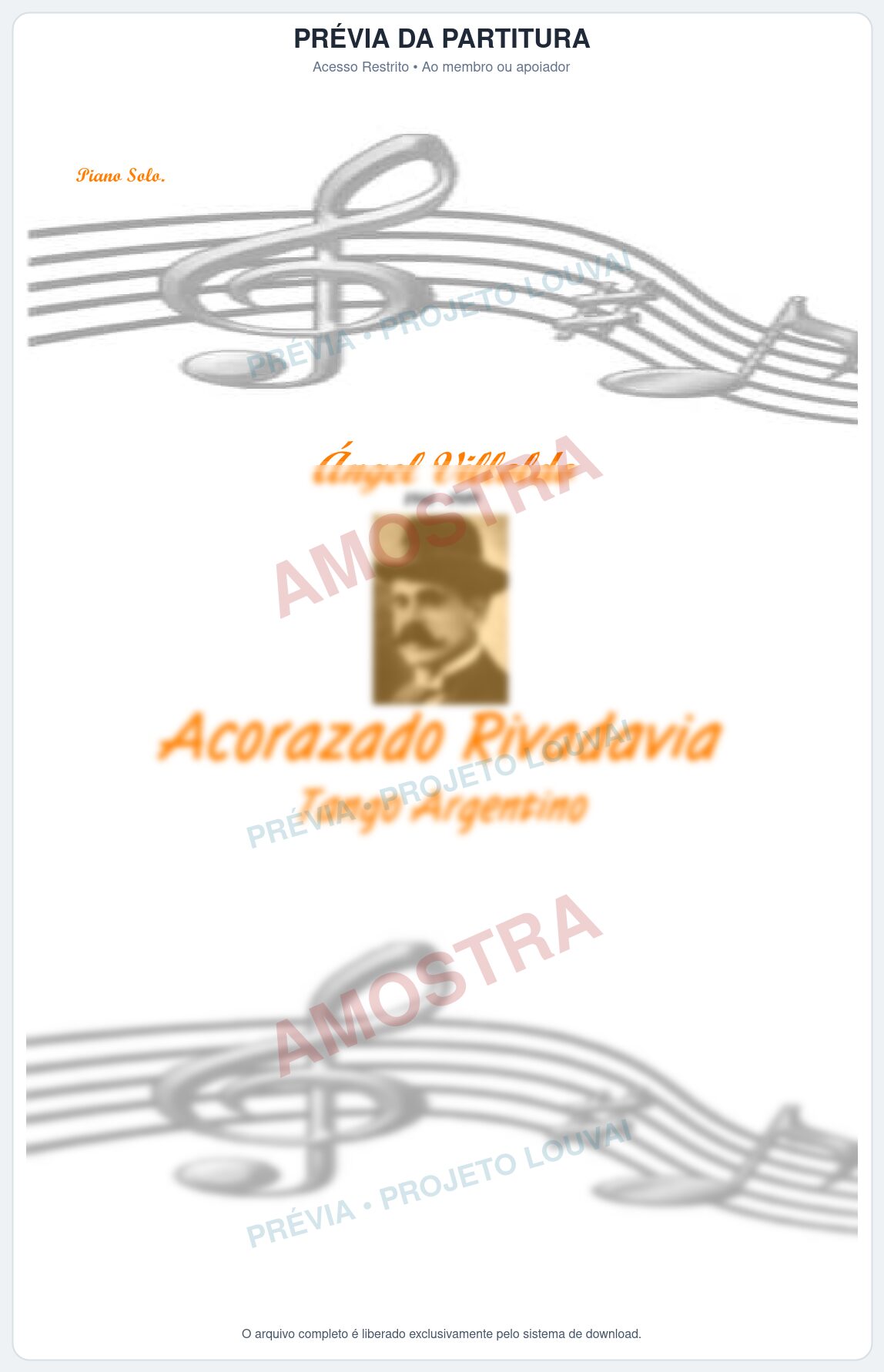 Prévia protegida da primeira página da partitura Partitura para Piano - Acorazado Rivadavia - Villoldo - Músicas Eruditas