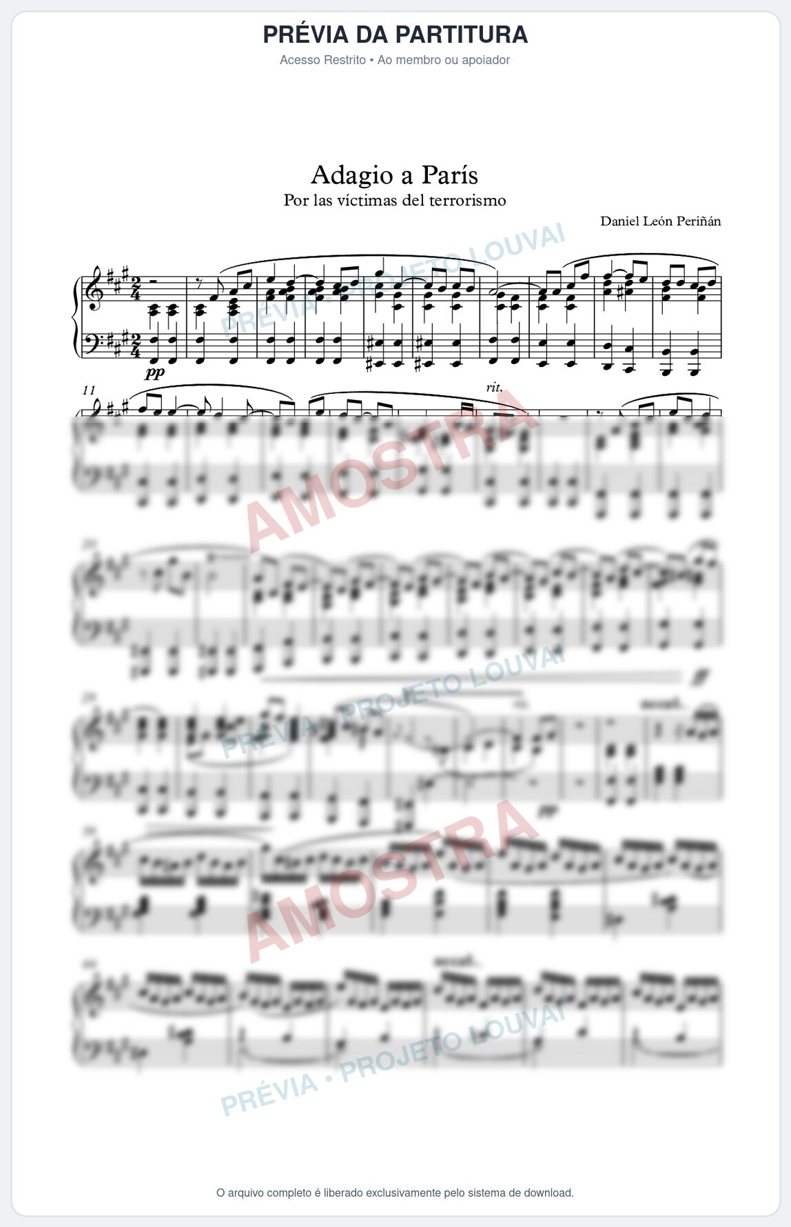 Prévia protegida da primeira página da partitura Partitura para Piano - Adagio a París - Daniel Leon Perinan - Músicas Eruditas