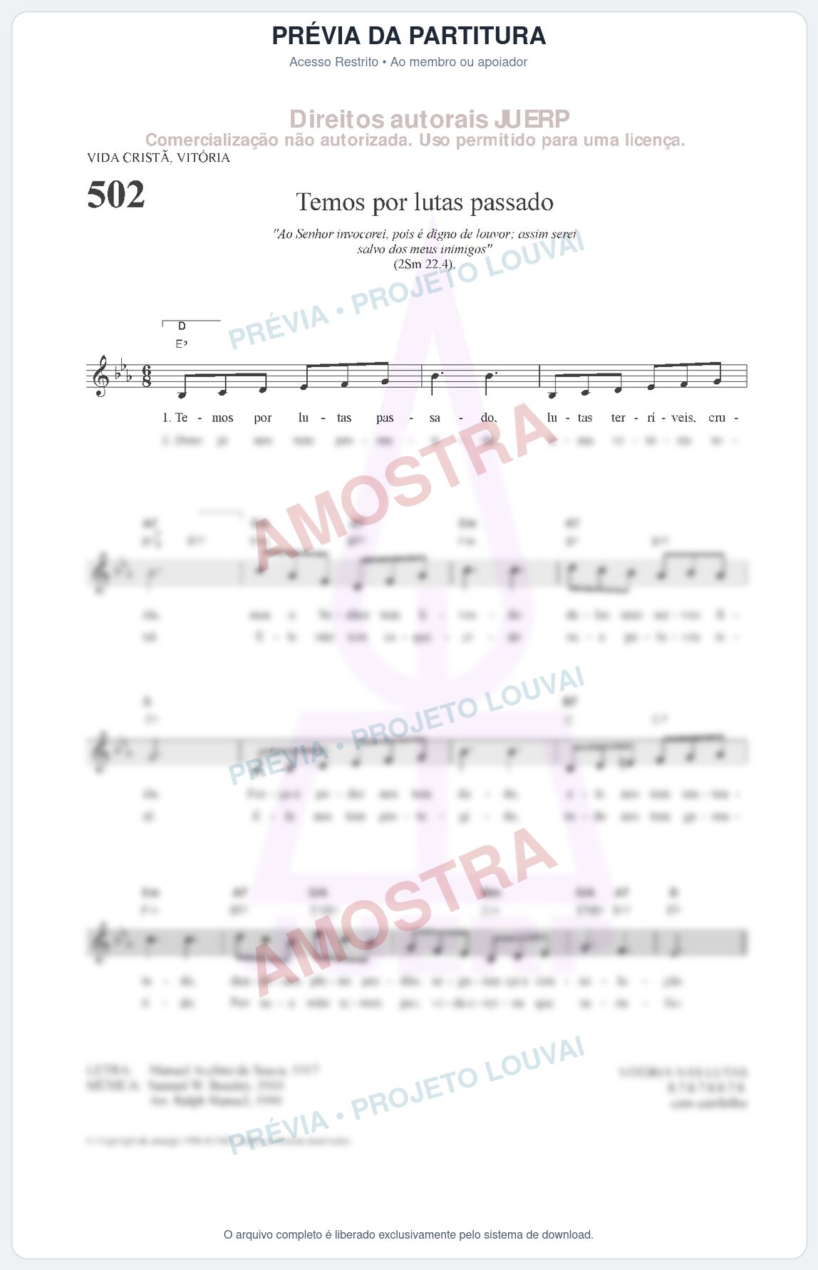 Prévia protegida da primeira página da partitura Partitura da música Temos por lutas passado (HCC 502) - Hinário para o Culto Cristão - Tom Eb