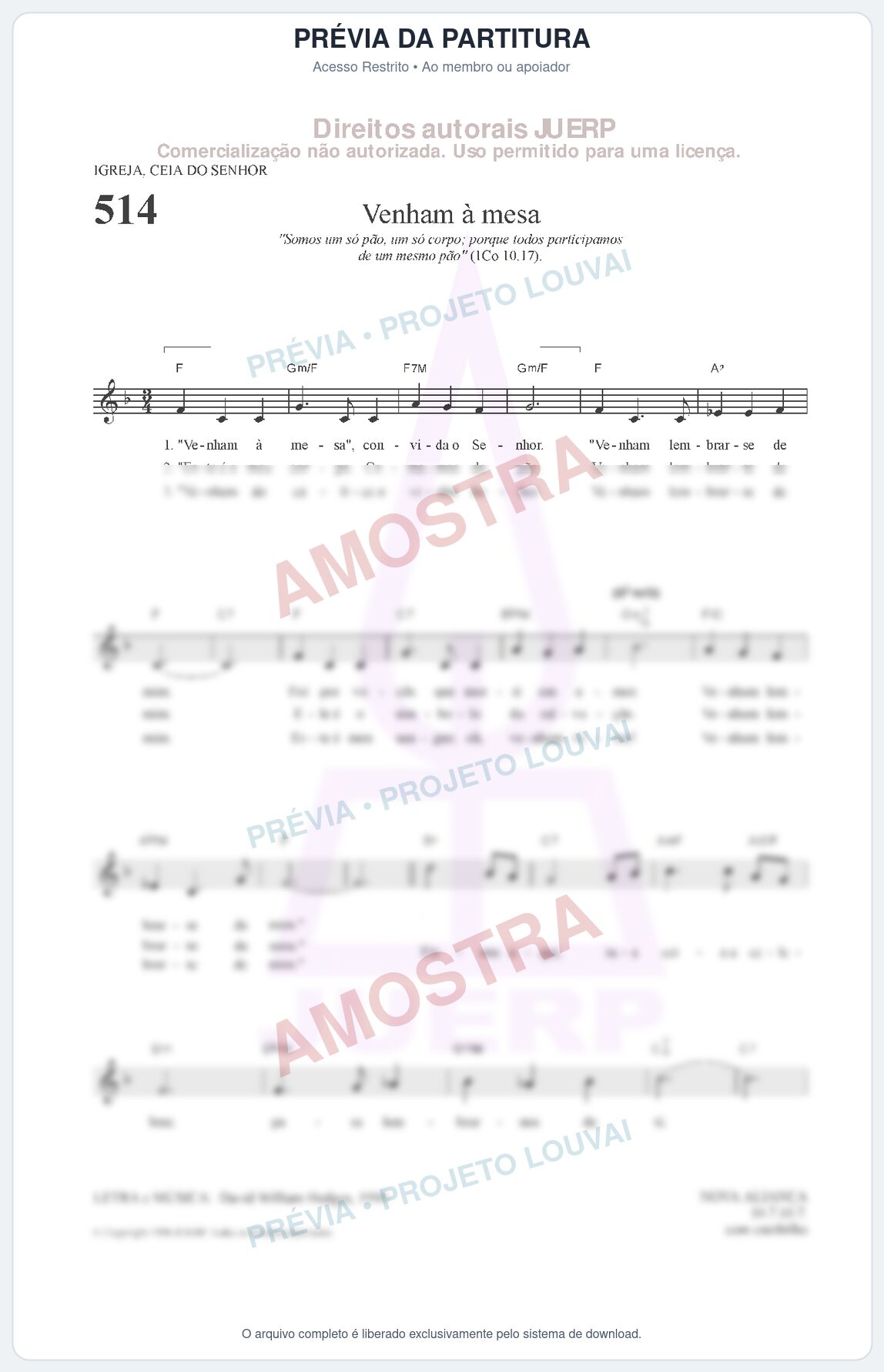 Prévia protegida da primeira página da partitura Partitura da música Venham à mesa (HCC 514) - Hinário para o Culto Cristão - Tom F