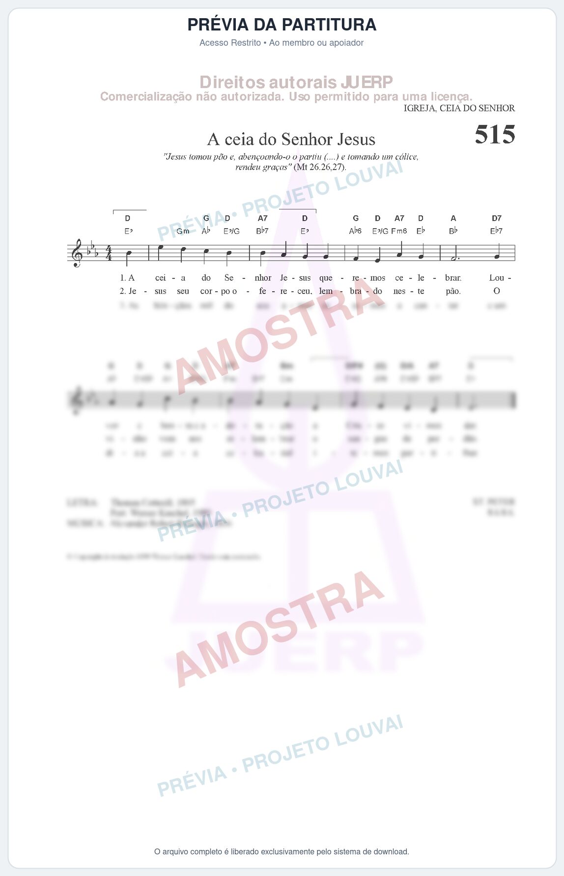 Prévia protegida da primeira página da partitura Partitura da música A ceia do Senhor Jesus (HCC 515) - Hinário para o Culto Cristão - Tom Eb