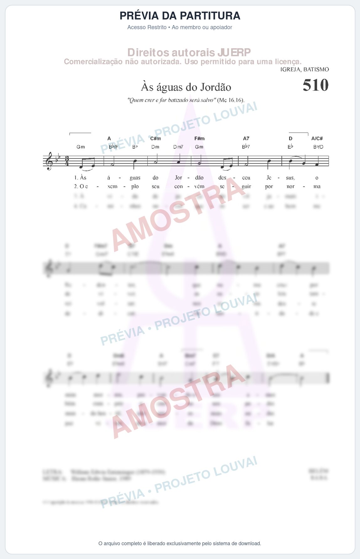 Prévia protegida da primeira página da partitura Partitura da música s águas do Jordão (HCC 510) - Hinário para o Culto Cristão - Tom Bb