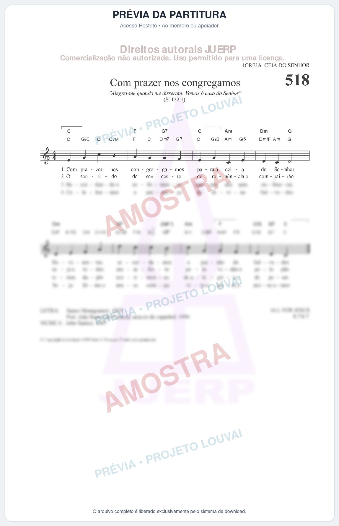 Prévia protegida da primeira página da partitura Partitura da música Com prazer nos congregamos (HCC 518) - Hinário para o Culto Cristão - Tom C