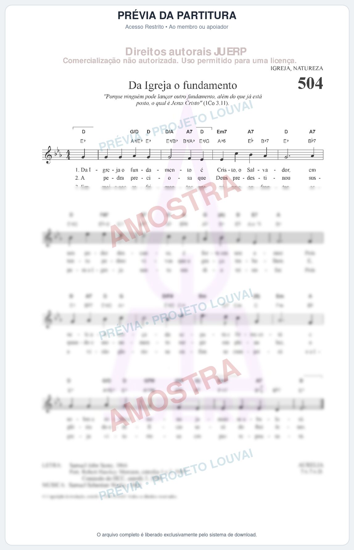 Prévia protegida da primeira página da partitura Partitura da música Da Igreja o fundamento (HCC 504) - Hinário para o Culto Cristão - Tom Eb
