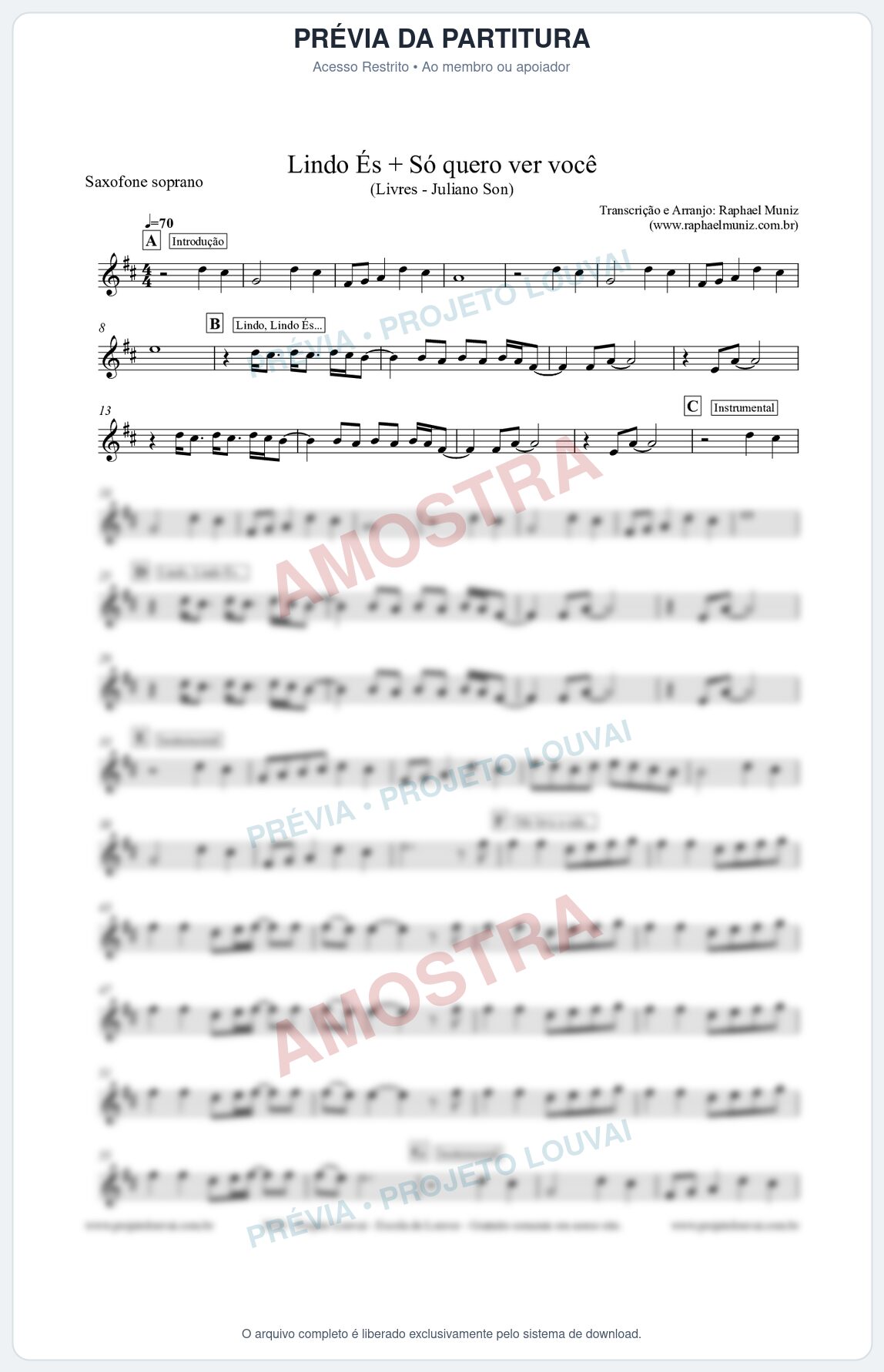 Prévia protegida da primeira página da partitura Partitura para Sax Soprano - Lindo És + Só quero ver você - Livres - Juliano Son 