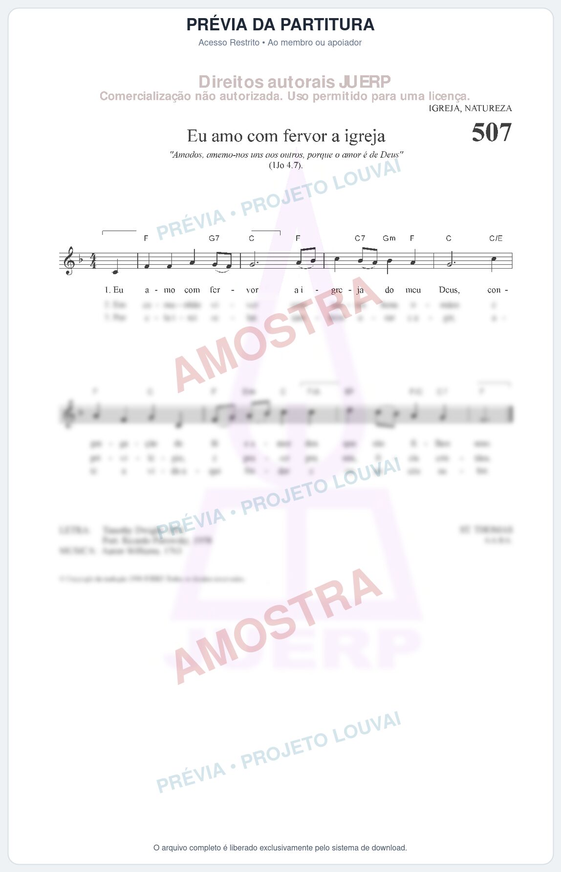 Prévia protegida da primeira página da partitura Partitura da música Eu amo com fervor a igreja (HCC 507) - Hinário para o Culto Cristão - Tom F