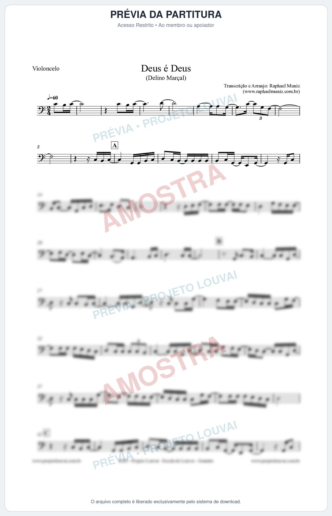Prévia protegida da primeira página da partitura Partitura para Violoncelo - Deus é Deus - Delino Marçal