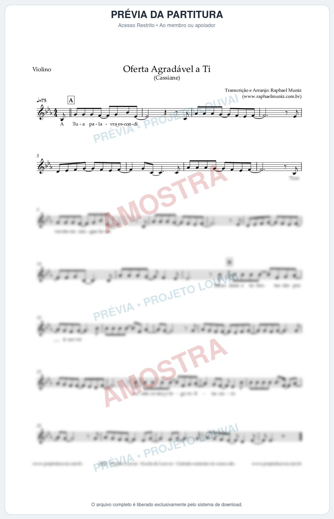 Prévia protegida da primeira página da partitura Partitura para Violino - Oferta Agradável a Ti - Cassiane