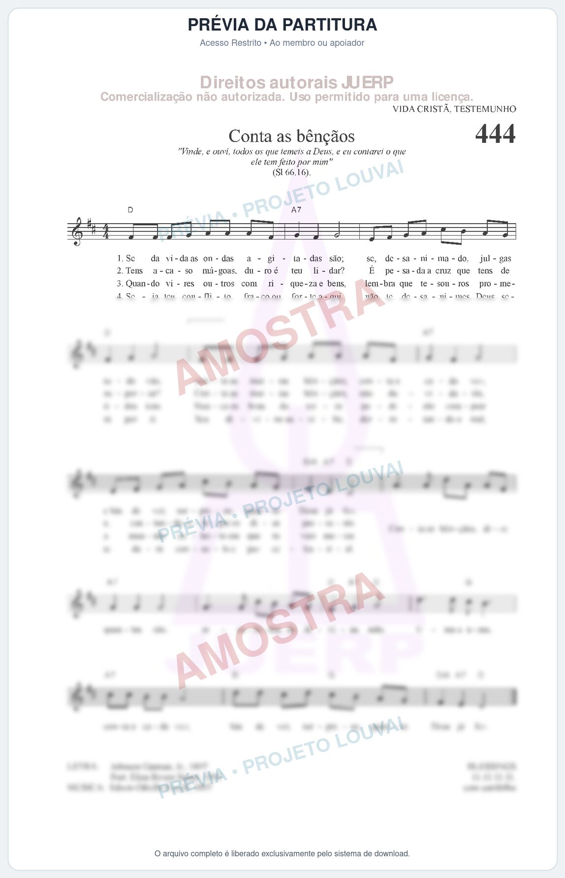Prévia protegida da primeira página da partitura Partitura da música Conta as bênçãos (HCC 444) - Hinário para o Culto Cristão - Tom D