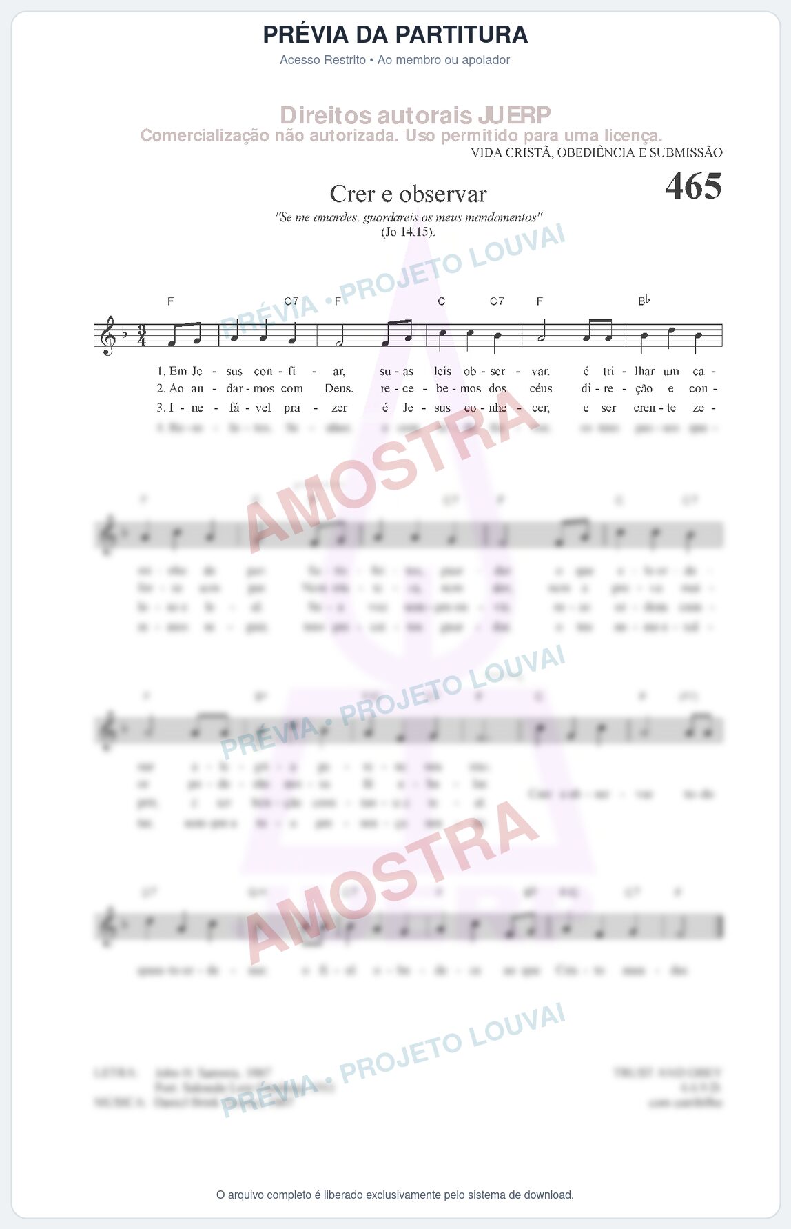 Prévia protegida da primeira página da partitura Partitura da música Crer e observar (HCC 465) - Hinário para o Culto Cristão - Tom F