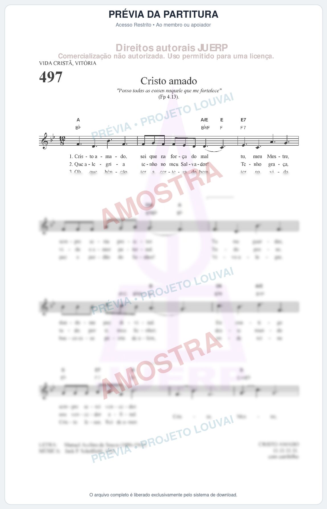 Prévia protegida da primeira página da partitura Partitura da música Cristo amado (HCC 497) - Hinário para o Culto Cristão - Tom Bb