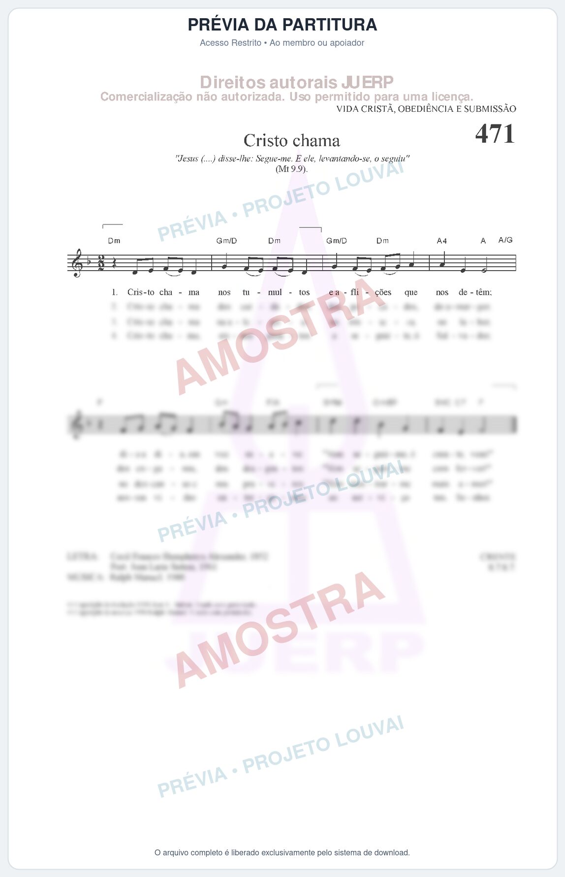 Prévia protegida da primeira página da partitura Partitura da música Cristo Chama (HCC 471) - Hinário para o Culto Cristão - Tom Dm