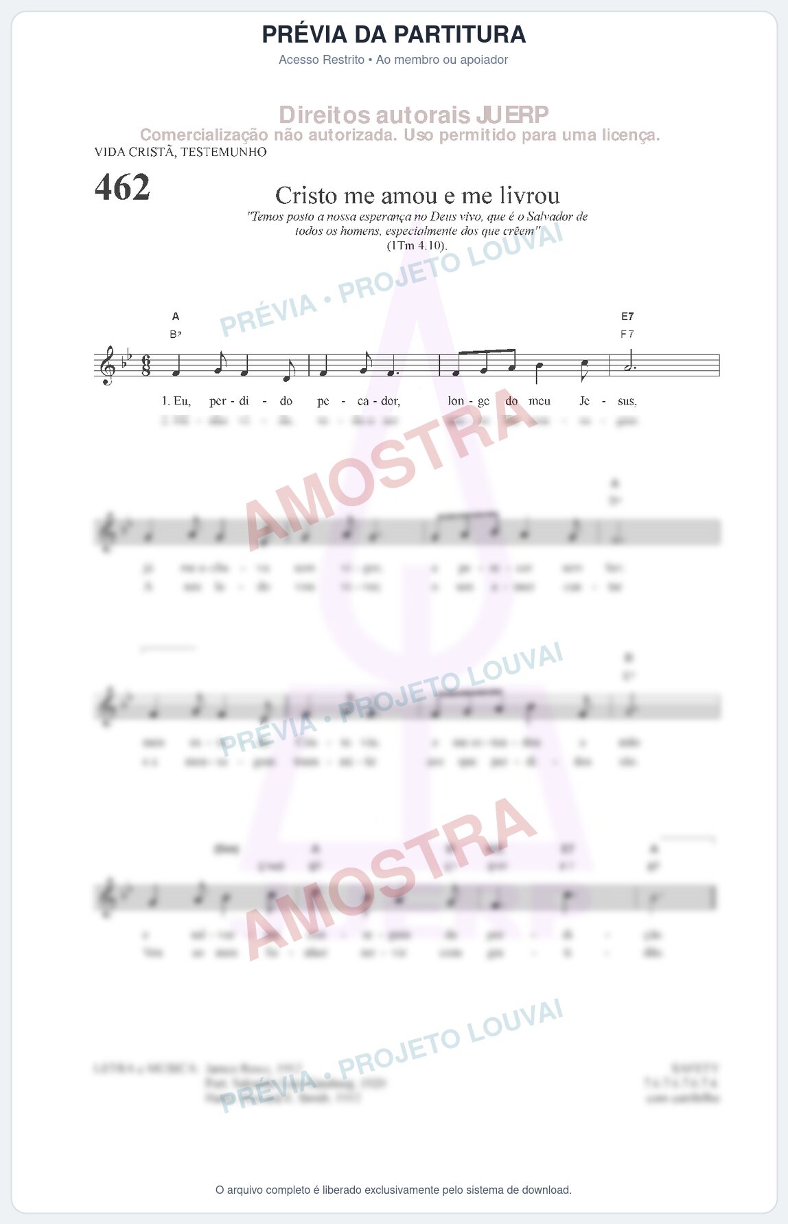 Prévia protegida da primeira página da partitura Partitura da música Cristo me amou e me livrou (HCC 462) - Hinário para o Culto Cristão - Tom Bb