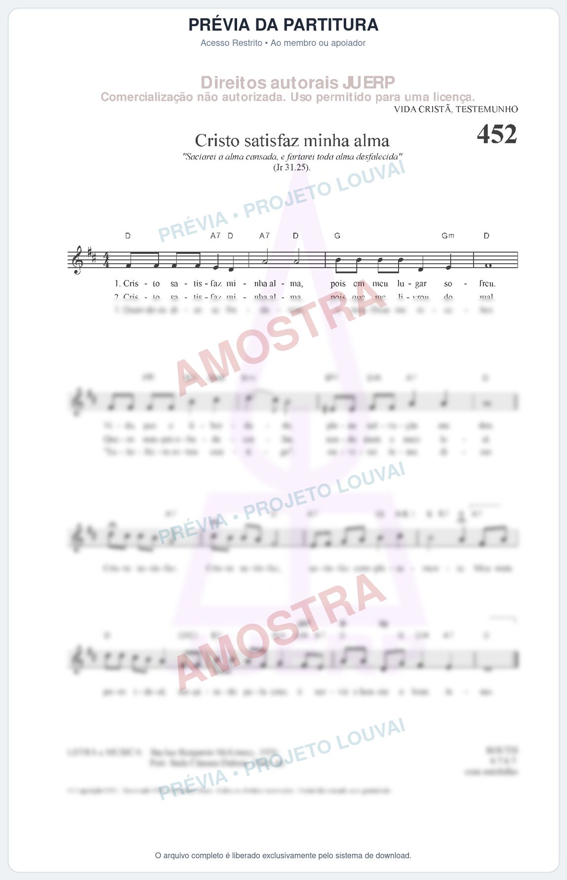 Prévia protegida da primeira página da partitura Partitura da música Cristo satisfaz minha alma (HCC 452) - Hinário para o Culto Cristão - Tom D