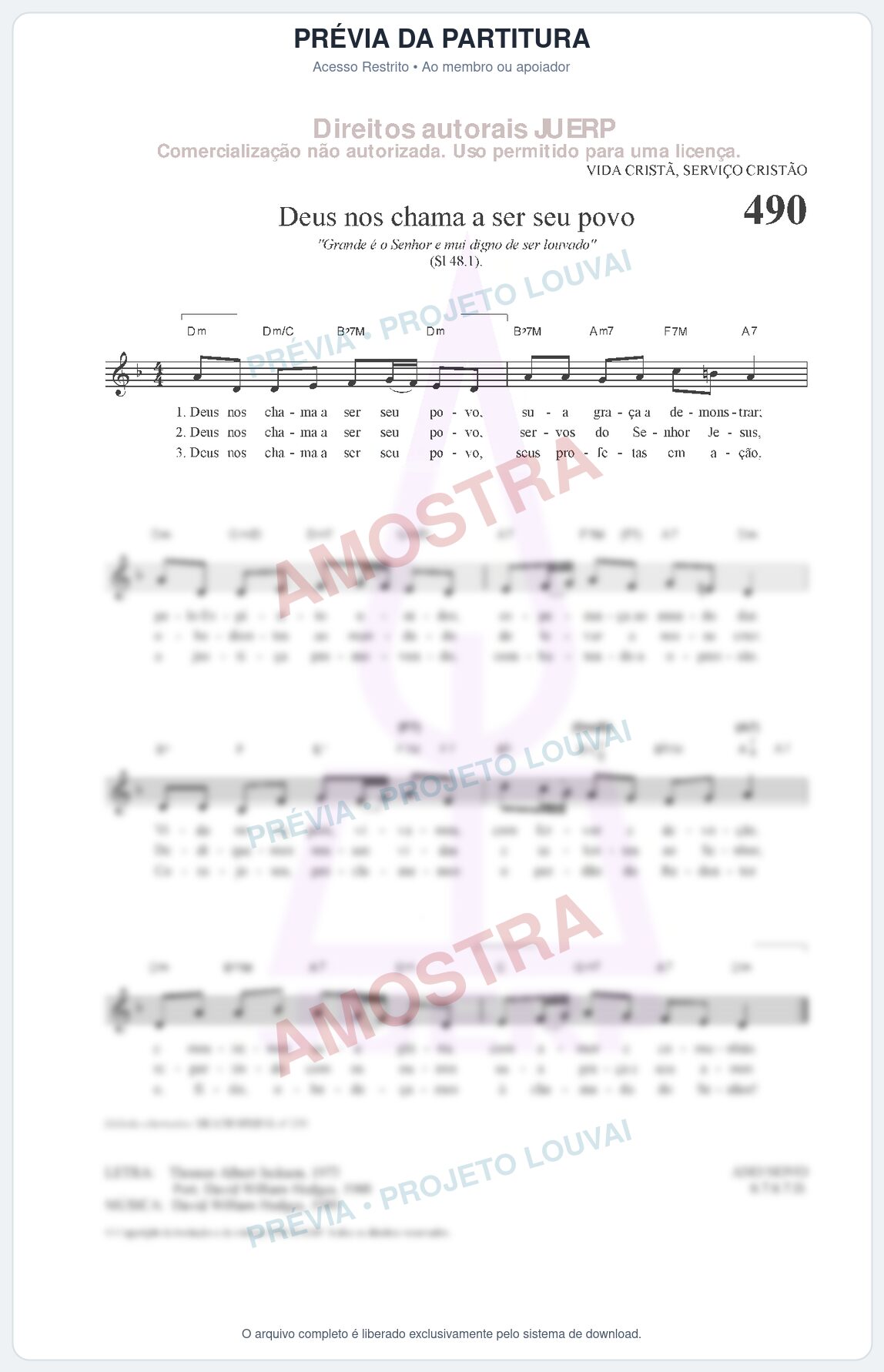 Prévia protegida da primeira página da partitura Partitura da música Deus nos chama a ser seu povo (HCC 490) - Hinário para o Culto Cristão - Tom Dm