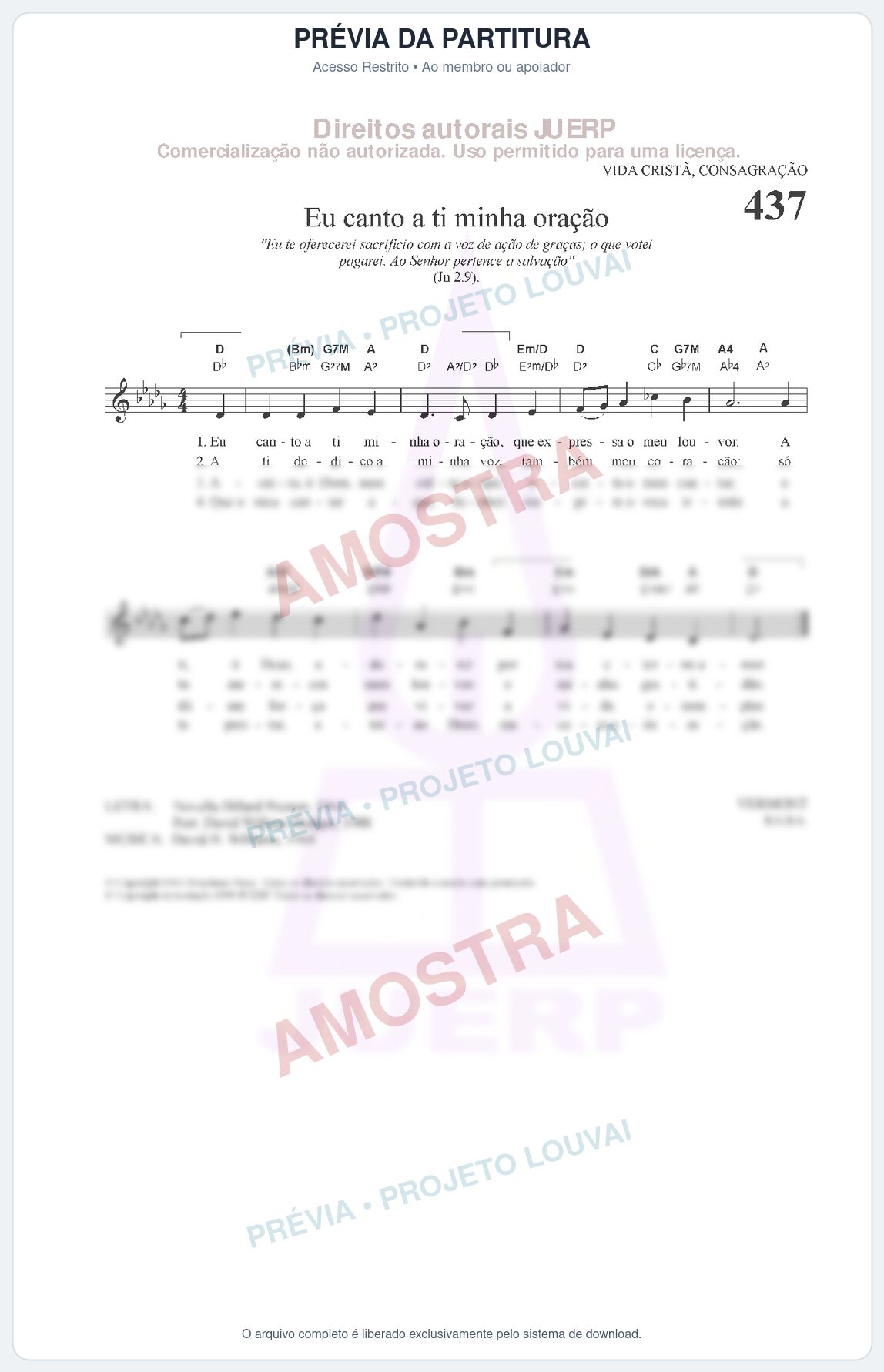 Prévia protegida da primeira página da partitura Partitura da música Eu canto a ti minha oração (HCC 437) - Hinário para o Culto Cristão - Tom Db