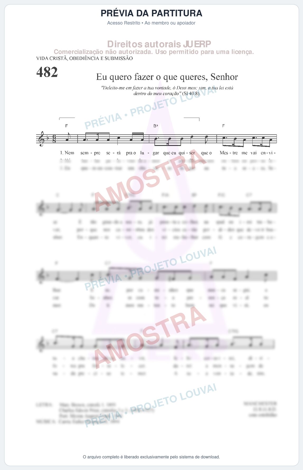 Prévia protegida da primeira página da partitura Partitura da música Eu quero fazer o que queres, Senhor (HCC 482) - Hinário para o Culto Cristão - Tom F