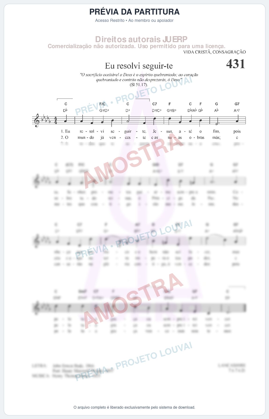 Prévia protegida da primeira página da partitura Partitura da música Eu resolvi seguir-te (HCC 431) - Hinário para o Culto Cristão - Tom Db