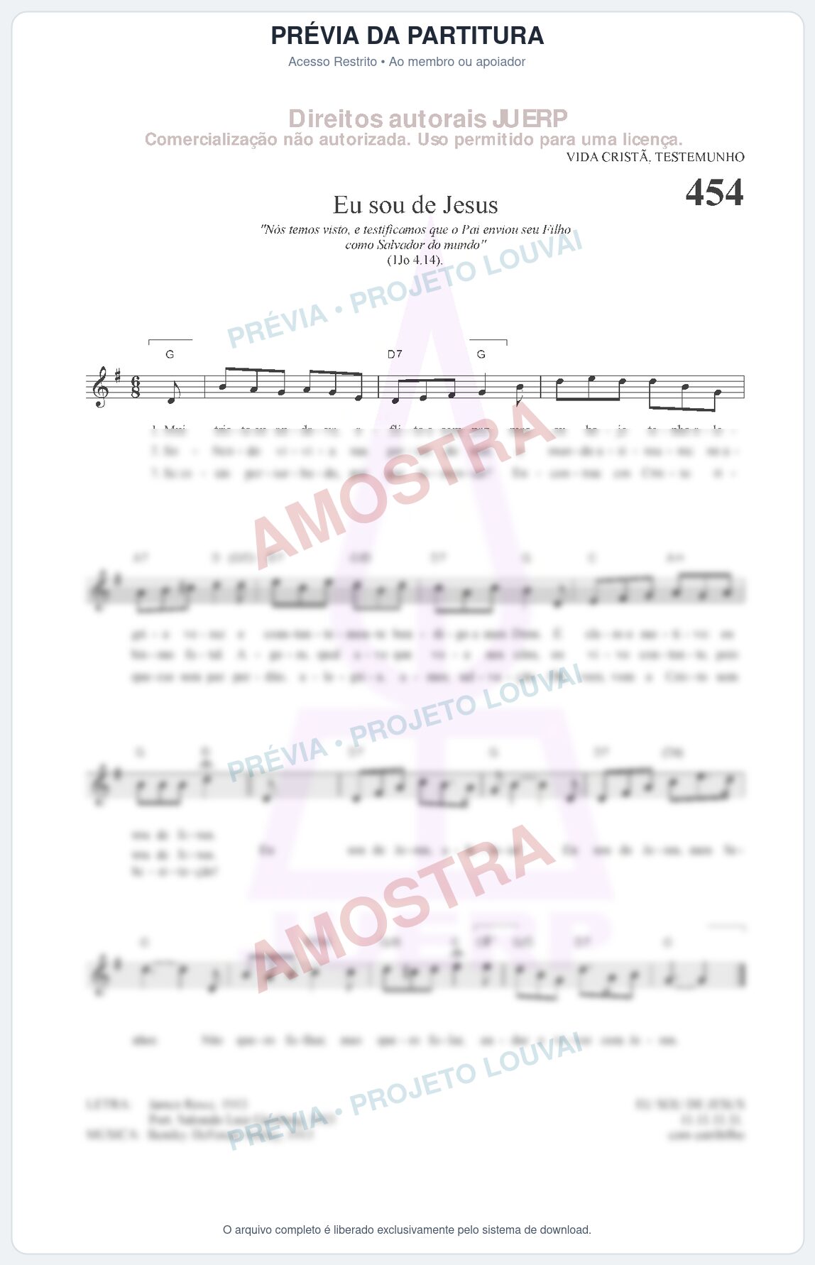 Prévia protegida da primeira página da partitura Partitura da música Eu sou de Jesus (HCC 454) - Hinário para o Culto Cristão - Tom G