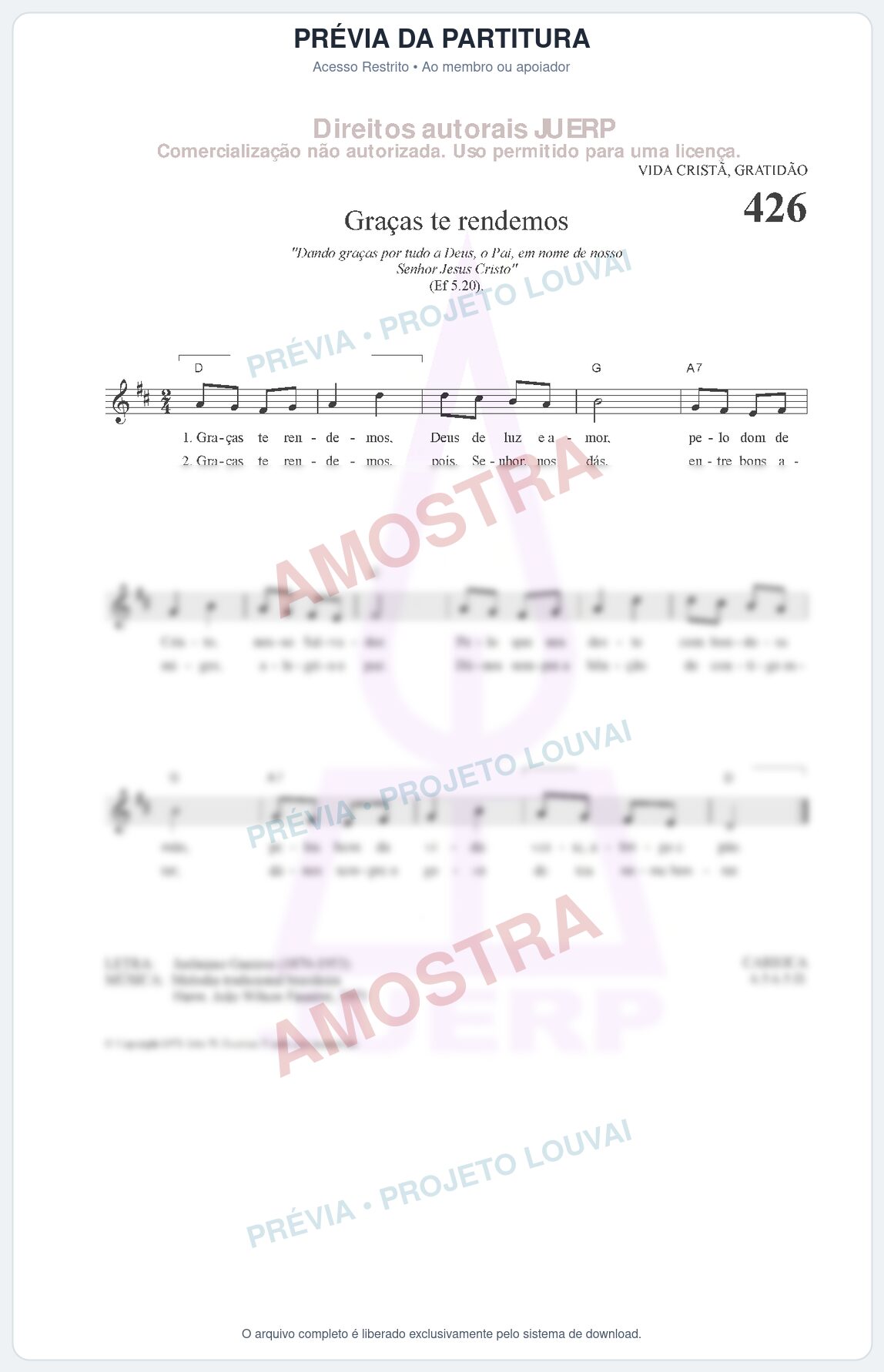 Prévia protegida da primeira página da partitura Partitura da música Graças te rendemos (HCC 426) - Hinário para o Culto Cristão - Tom D