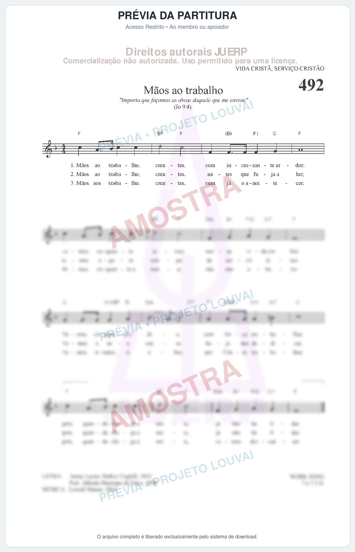 Prévia protegida da primeira página da partitura Partitura da música Mãos ao trabalho (HCC 492) - Hinário para o Culto Cristão - Tom F