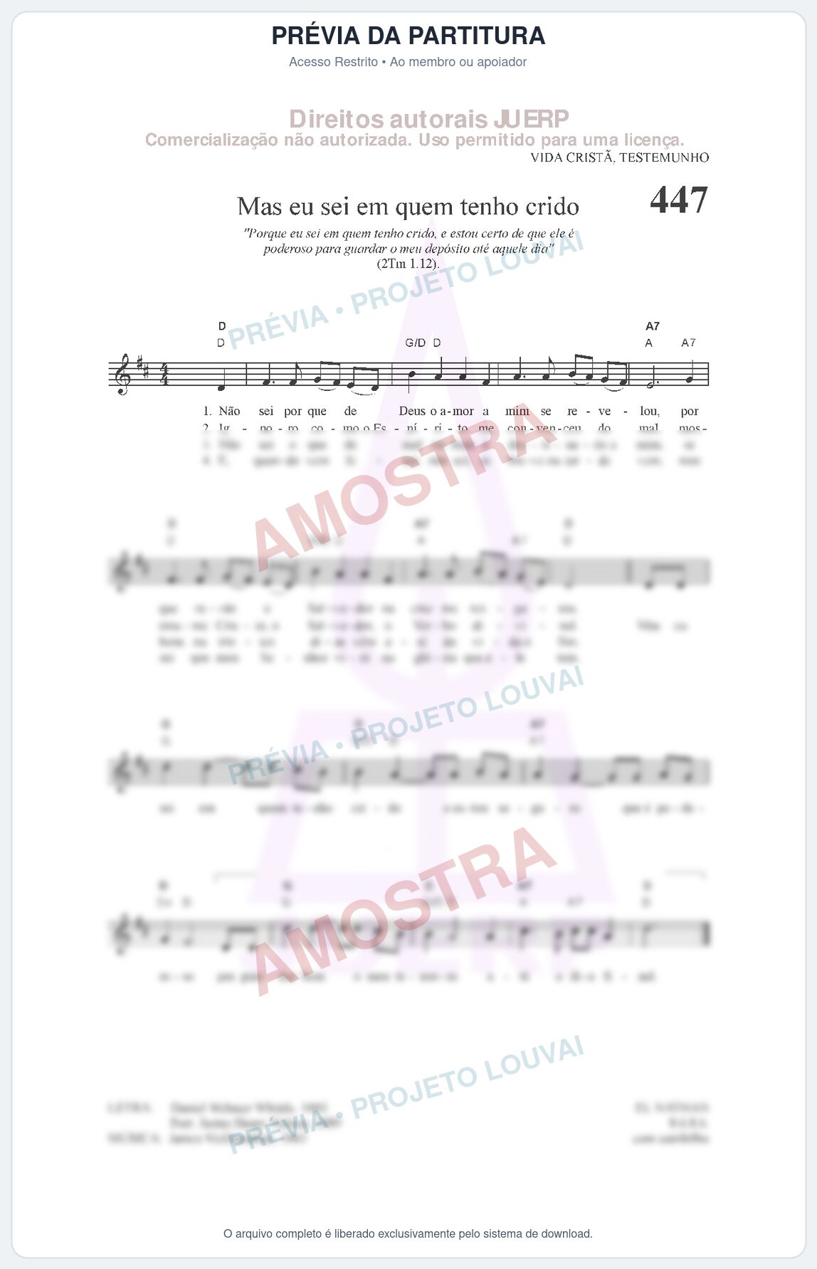 Prévia protegida da primeira página da partitura Partitura da música Mas eu sei em quem tenho crido (HCC 447) - Hinário para o Culto Cristão - Tom D