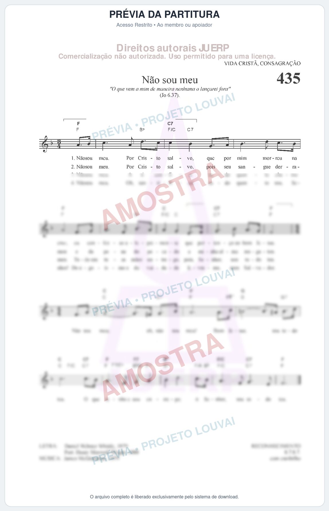 Prévia protegida da primeira página da partitura Partitura da música Não sou meu (HCC 435) - Hinário para o Culto Cristão - Tom F