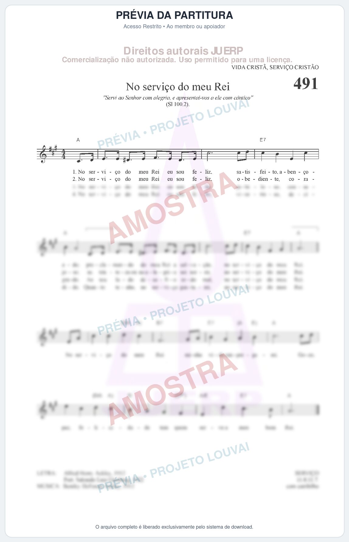Prévia protegida da primeira página da partitura Partitura da música No serviço do meu Rei (HCC 491) - Hinário para o Culto Cristão - Tom A