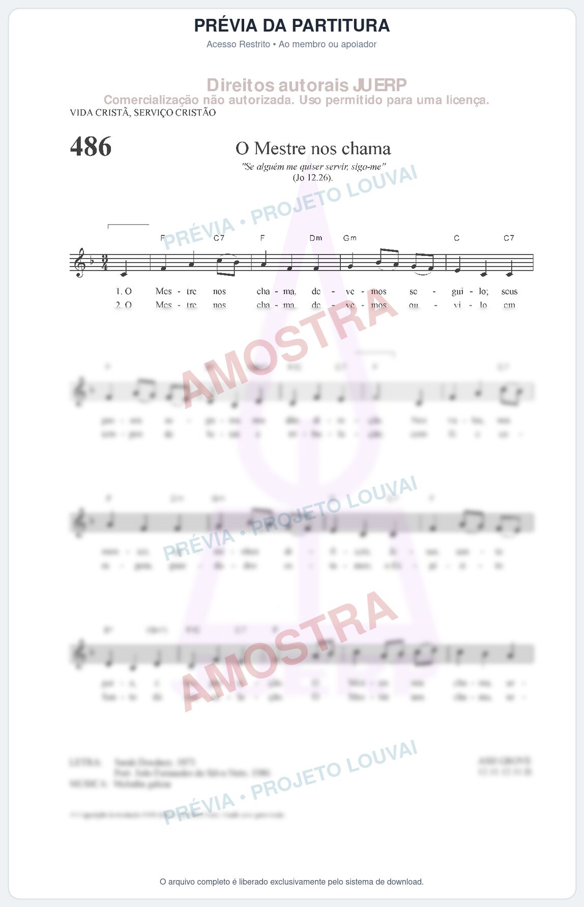 Prévia protegida da primeira página da partitura Partitura da música O Mestre nos chama (HCC 486) - Hinário para o Culto Cristão - Tom F