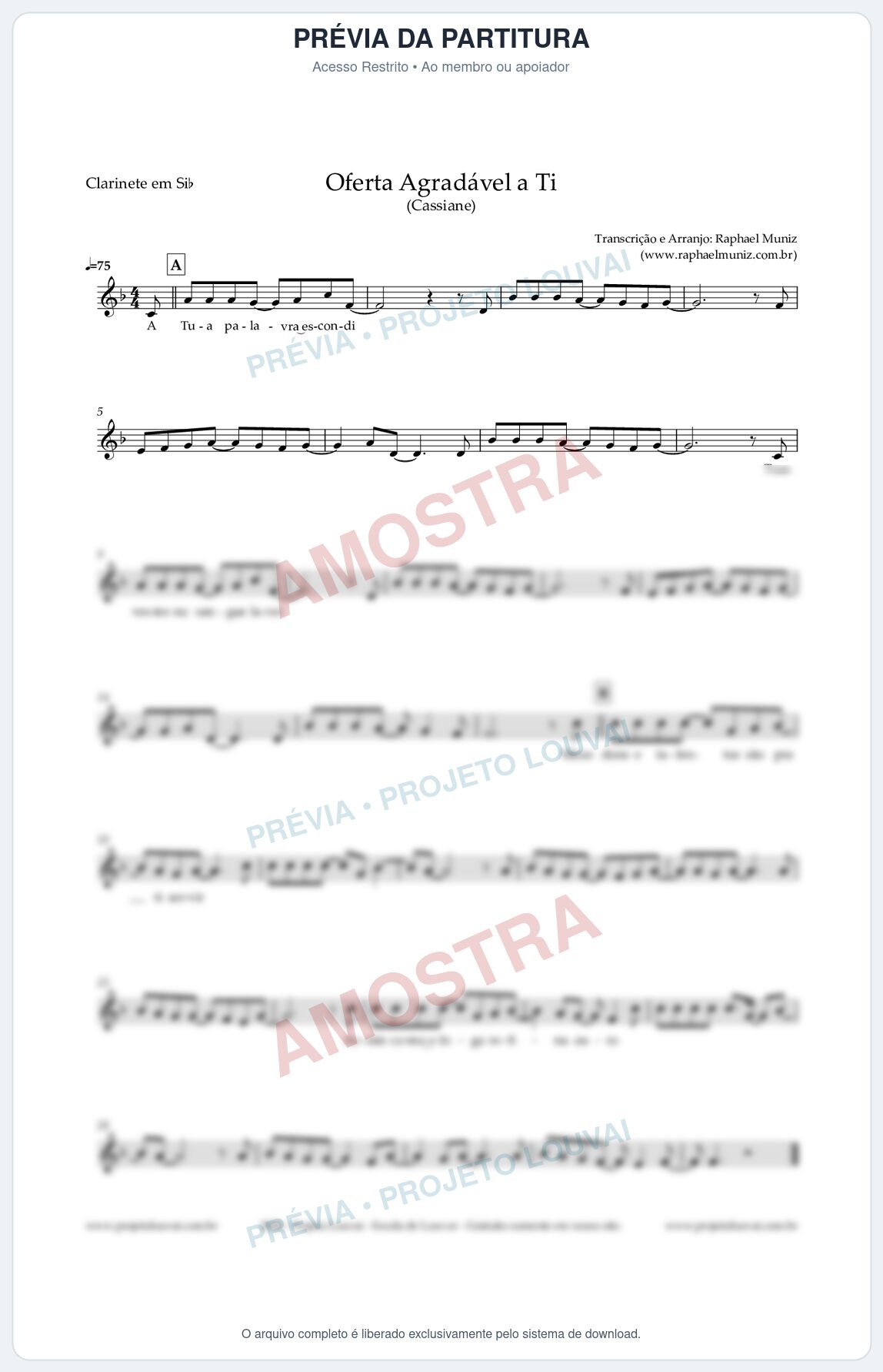 Prévia protegida da primeira página da partitura Partitura para Clarinete em Bb - Oferta Agradável a Ti - Cassiane