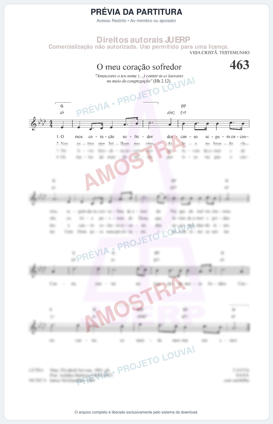Prévia protegida da primeira página da partitura Partitura da música O meu coração sofredor (HCC 463) - Hinário para o Culto Cristão - Tom Ab